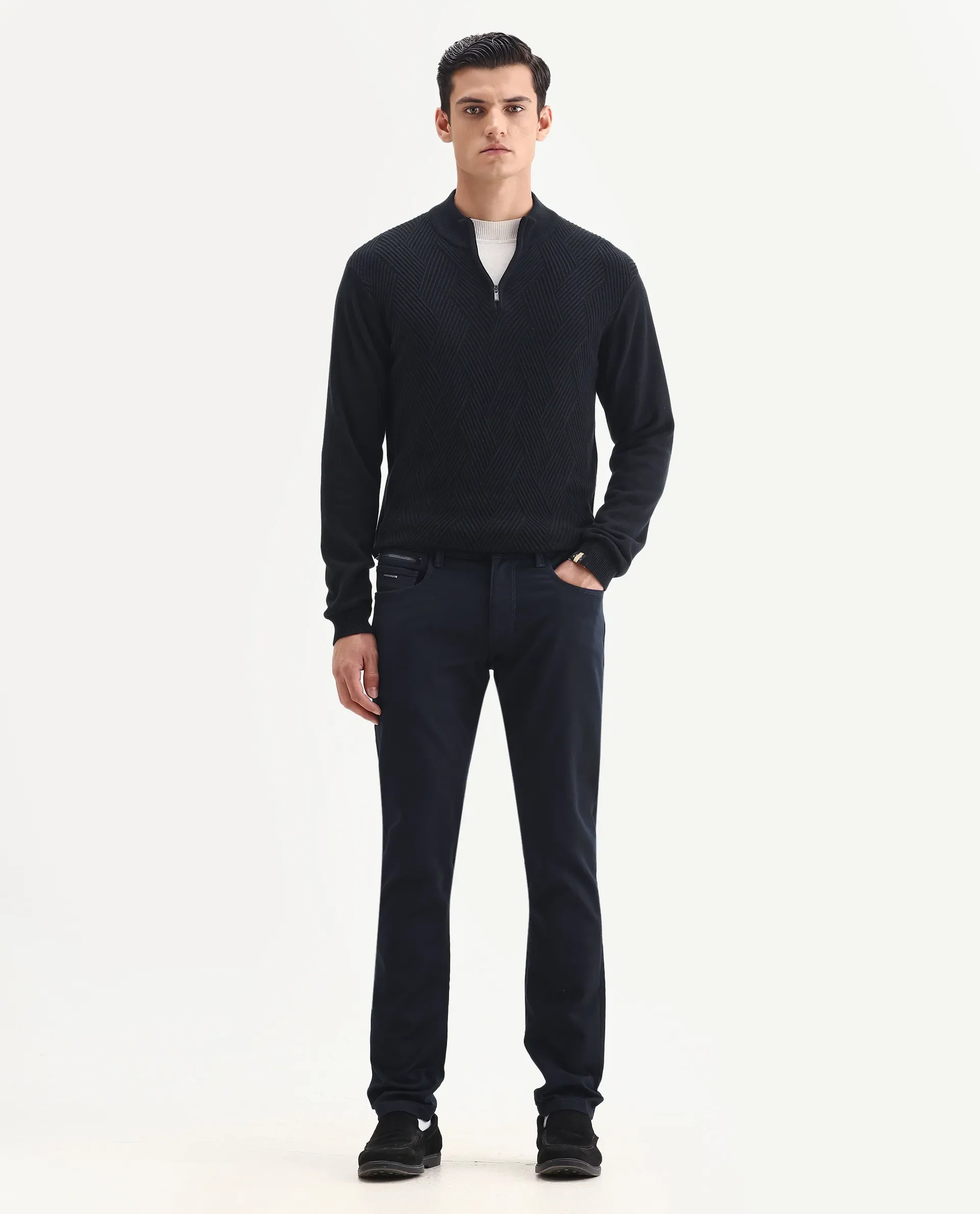 Rare Rabbit Men's Corvo Navy Cotton Blend Plain Hawk Slim Fit Jeans