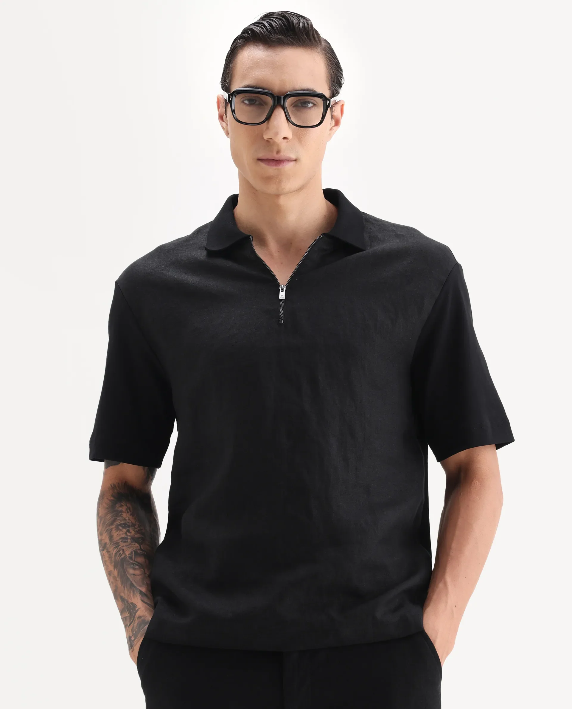 Rare Rabbit Men's Cosma Black Linen Blend Fabric Half Sleeve Spread Collar Plain Polo