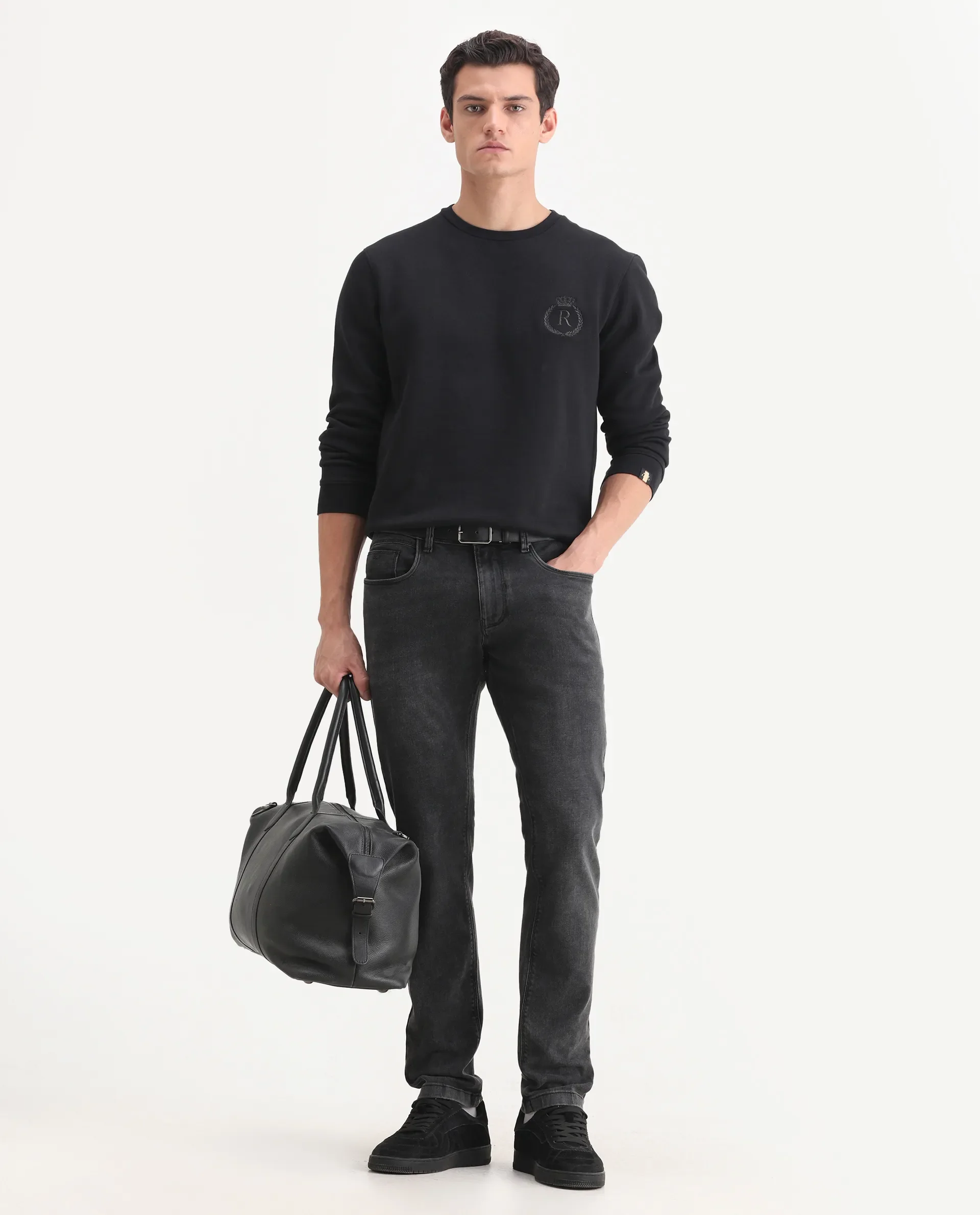 Rare Rabbit Men's Cosmog-1 Dark Grey Cotton Blend Fabric Hawk Slim Plain Jeans