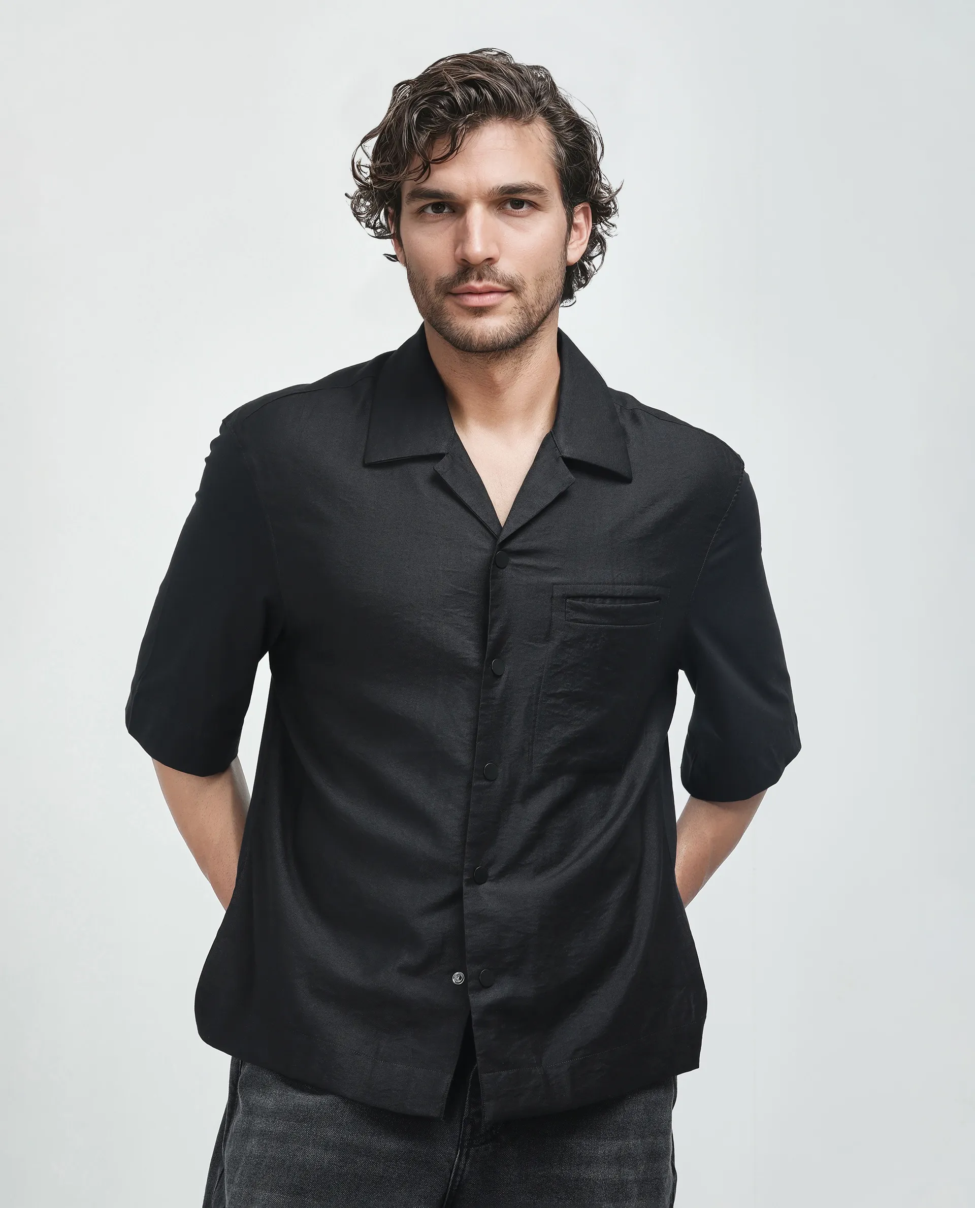 Rare Rabbit Men's Costo Black Viscose Blend Cut And Sew Boxy Fit Half Sleeve Cuban Collar Shirt