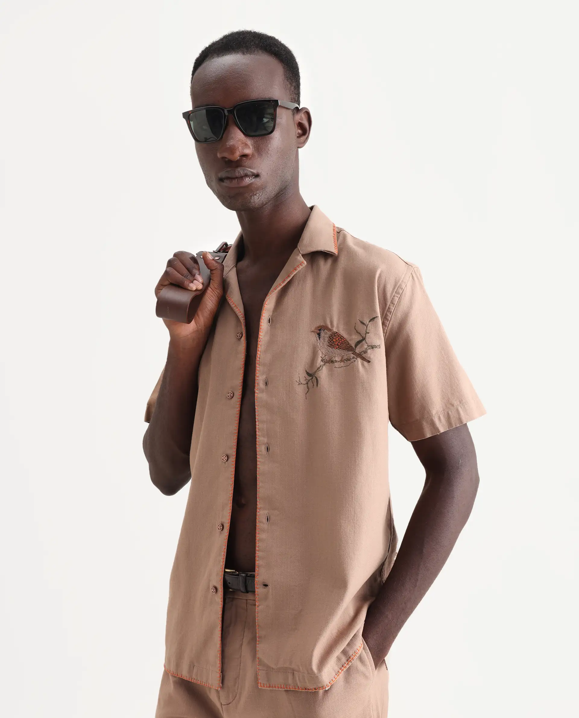 Rare Rabbit Men's Couvin Light Brown Cotton Embroidered Boxy Fit Half Sleeve Cuban Collar Shirt