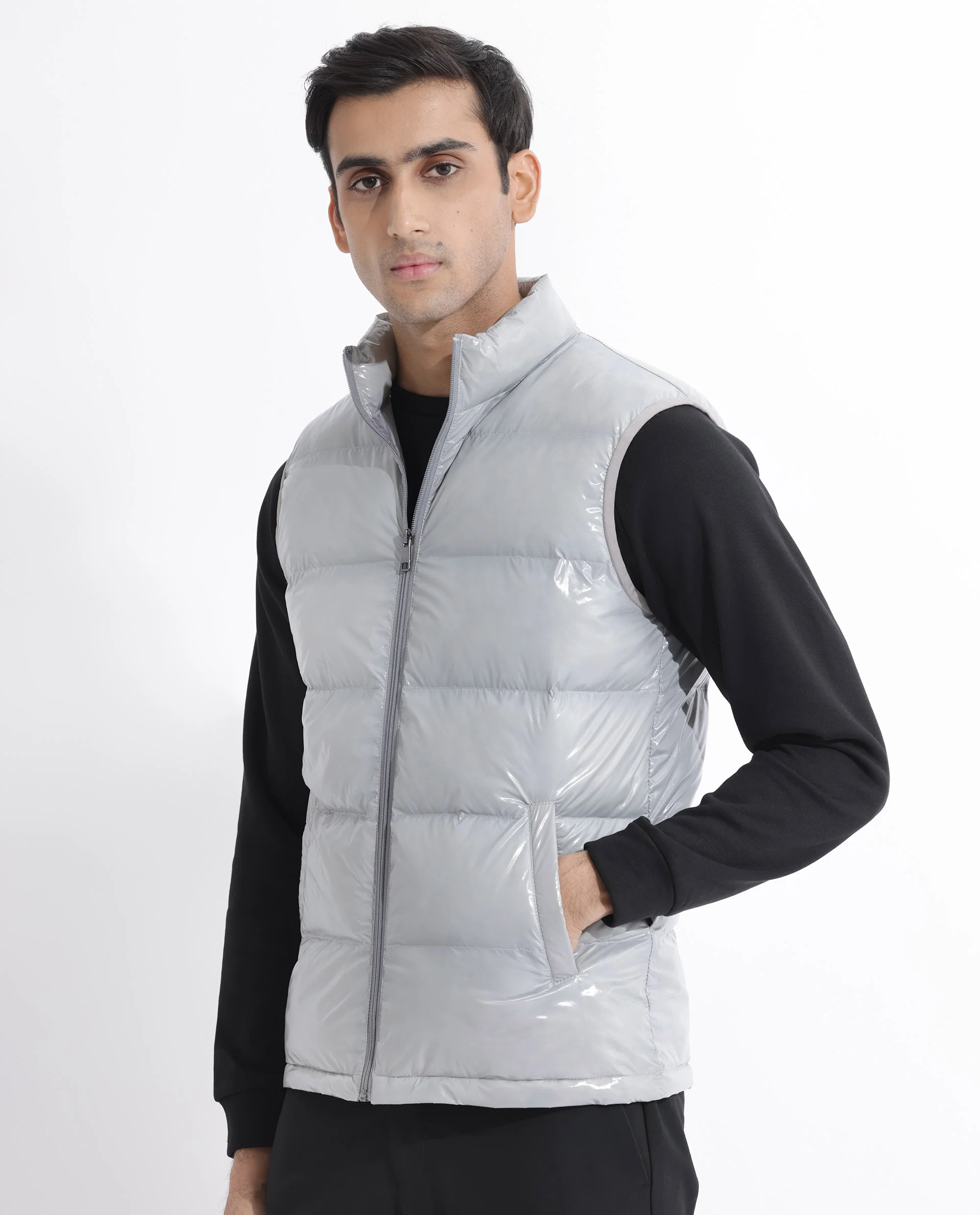 Rare Rabbit Men's Cover Light Grey Polyester Plain Relaxed Fit Sleeveless High Neck Jacket - Image 4