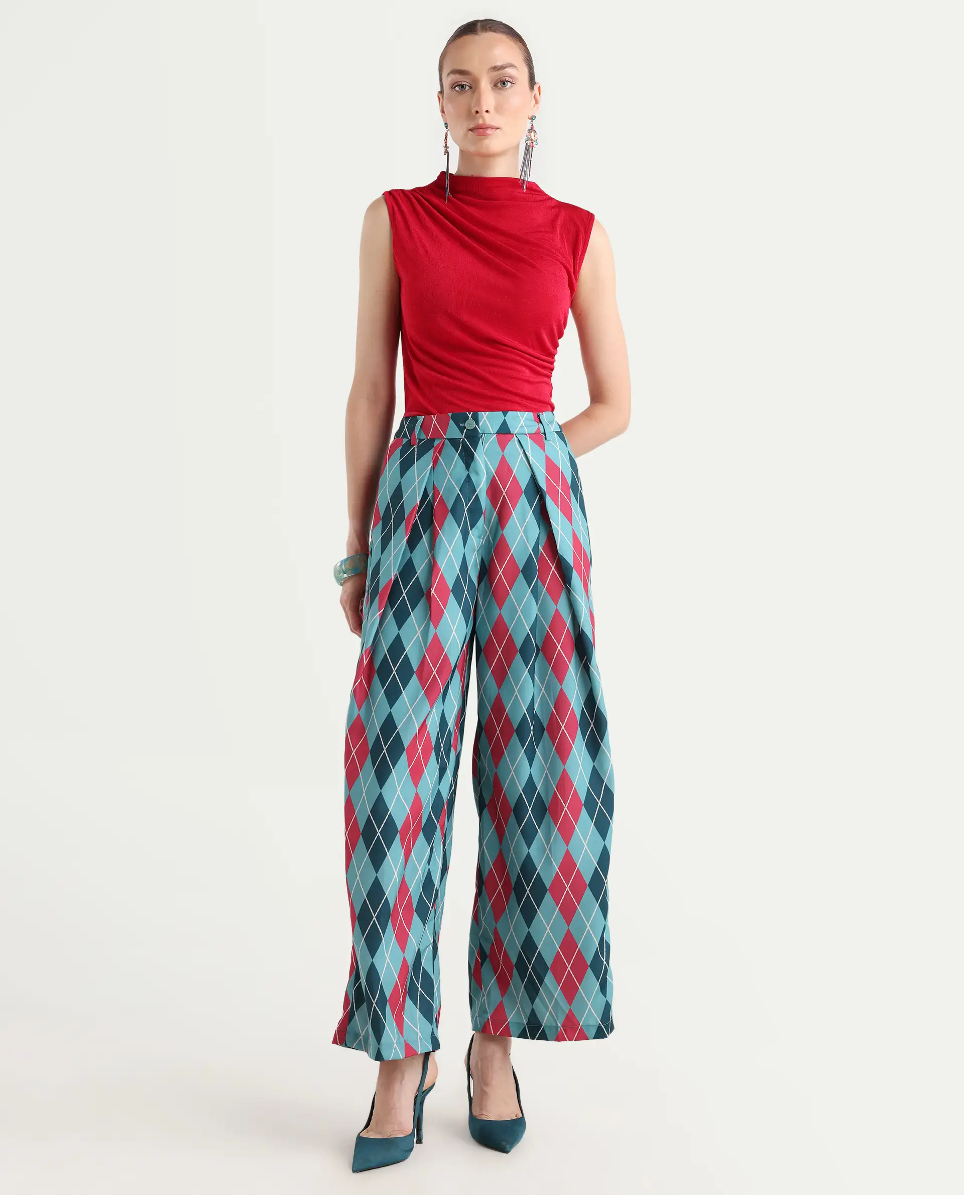 Rareism Women's Creman Multi Polyester Blend Geometric Print Ankle Length Wide Trouser