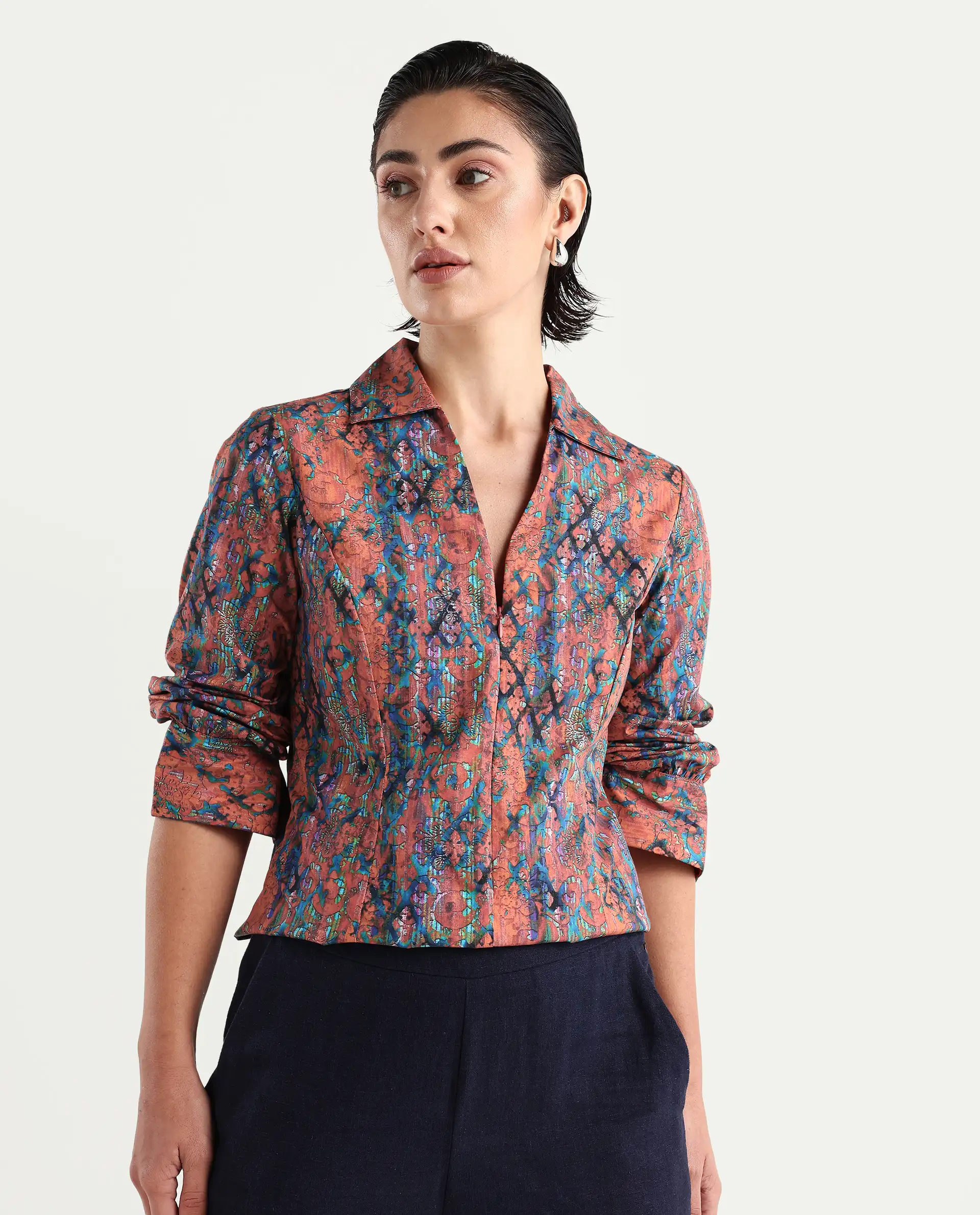 Rareism Women's Cremona Multi Cotton Johnny Collar Abstract Print Cuffed Sleeve Regular Fit Top