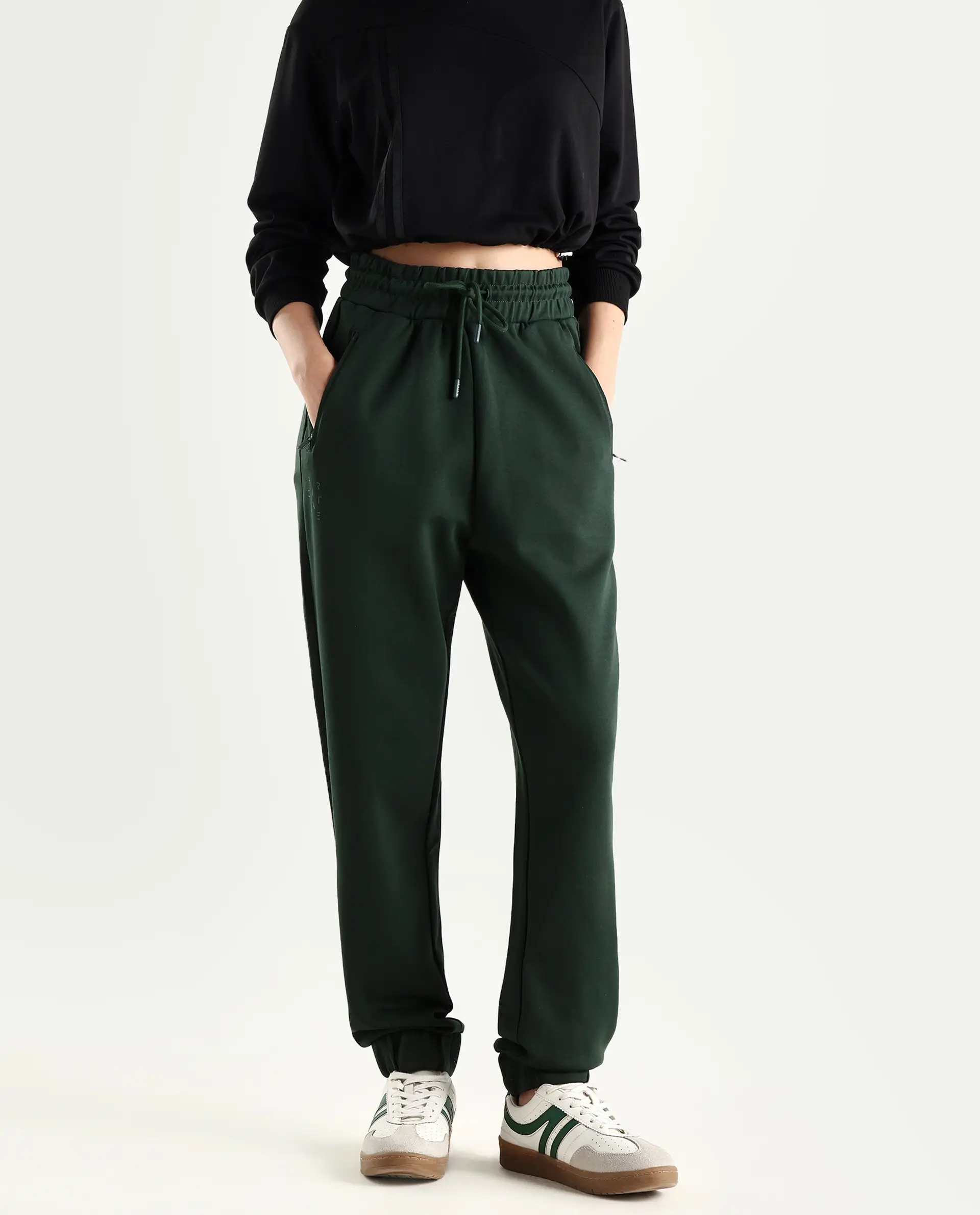 Rareism Women's Heavy Weight Interlock 340 Gsm Cotton Blend Plain Ankle Length Relaxed Fit Track Pant