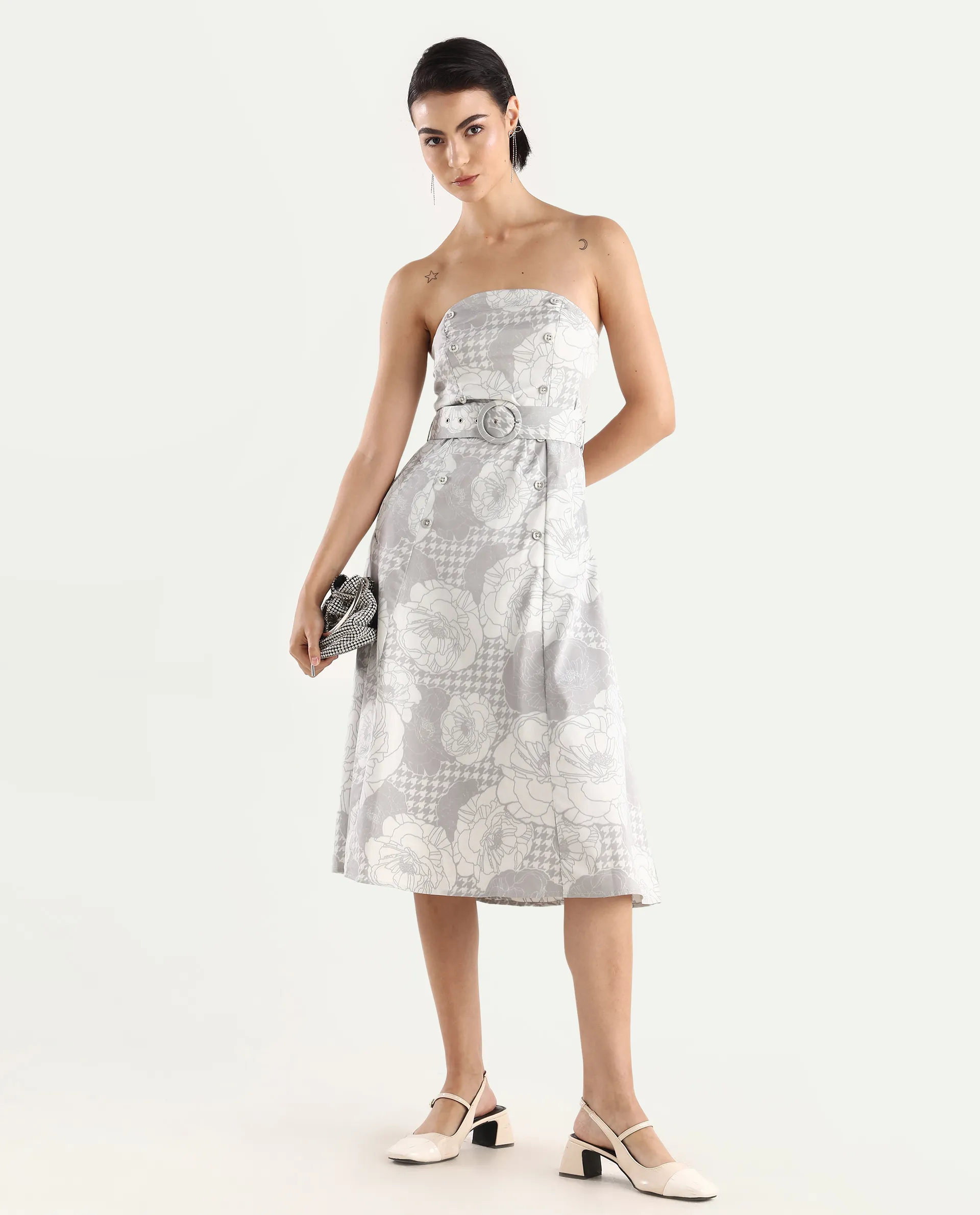 Rareism Women's Croatink Multi Cotton Blend Tube Neck Floral Print Sleeveless Midi Flared Dress