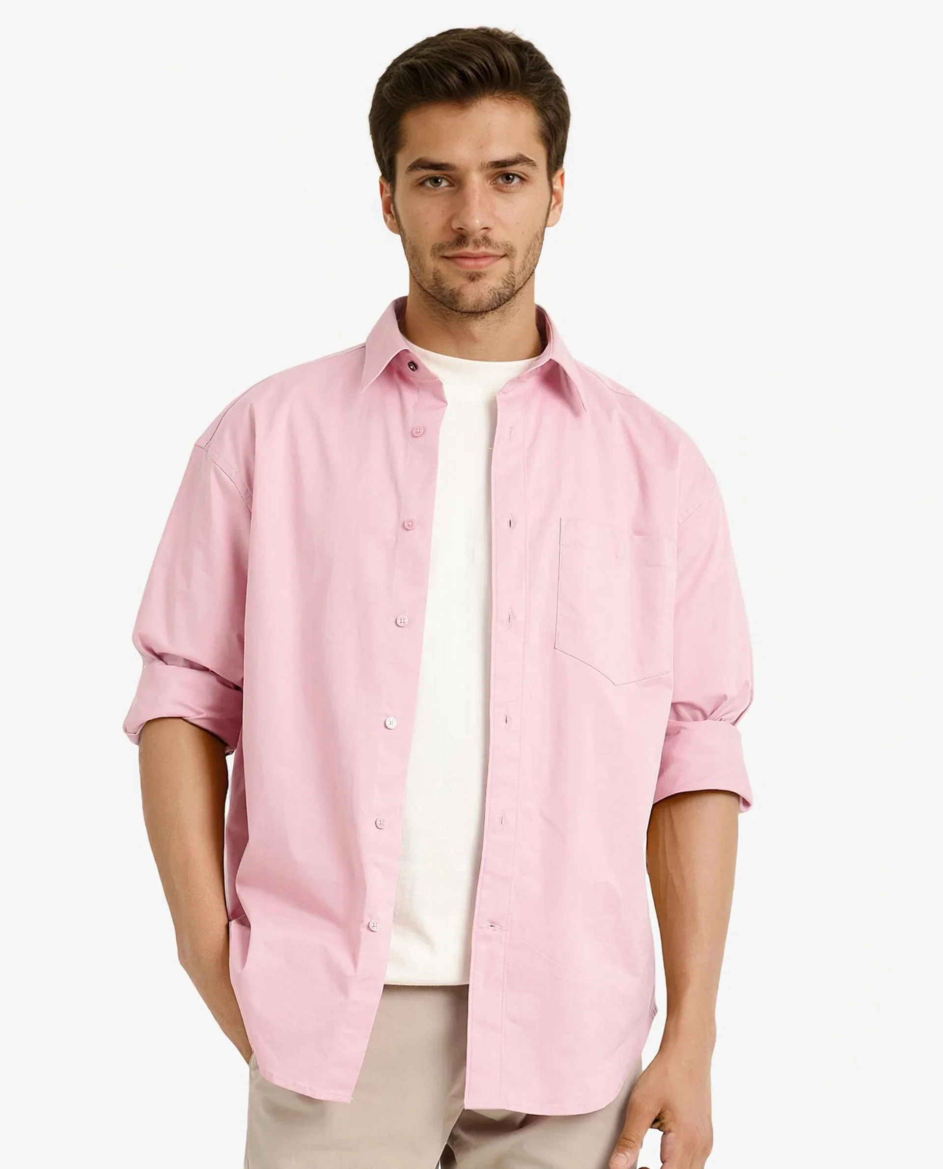 Rare Rabbit Men's Crofty Pastel Pink Cotton Plain Boxy Fit Full Sleeve Collared Shirt