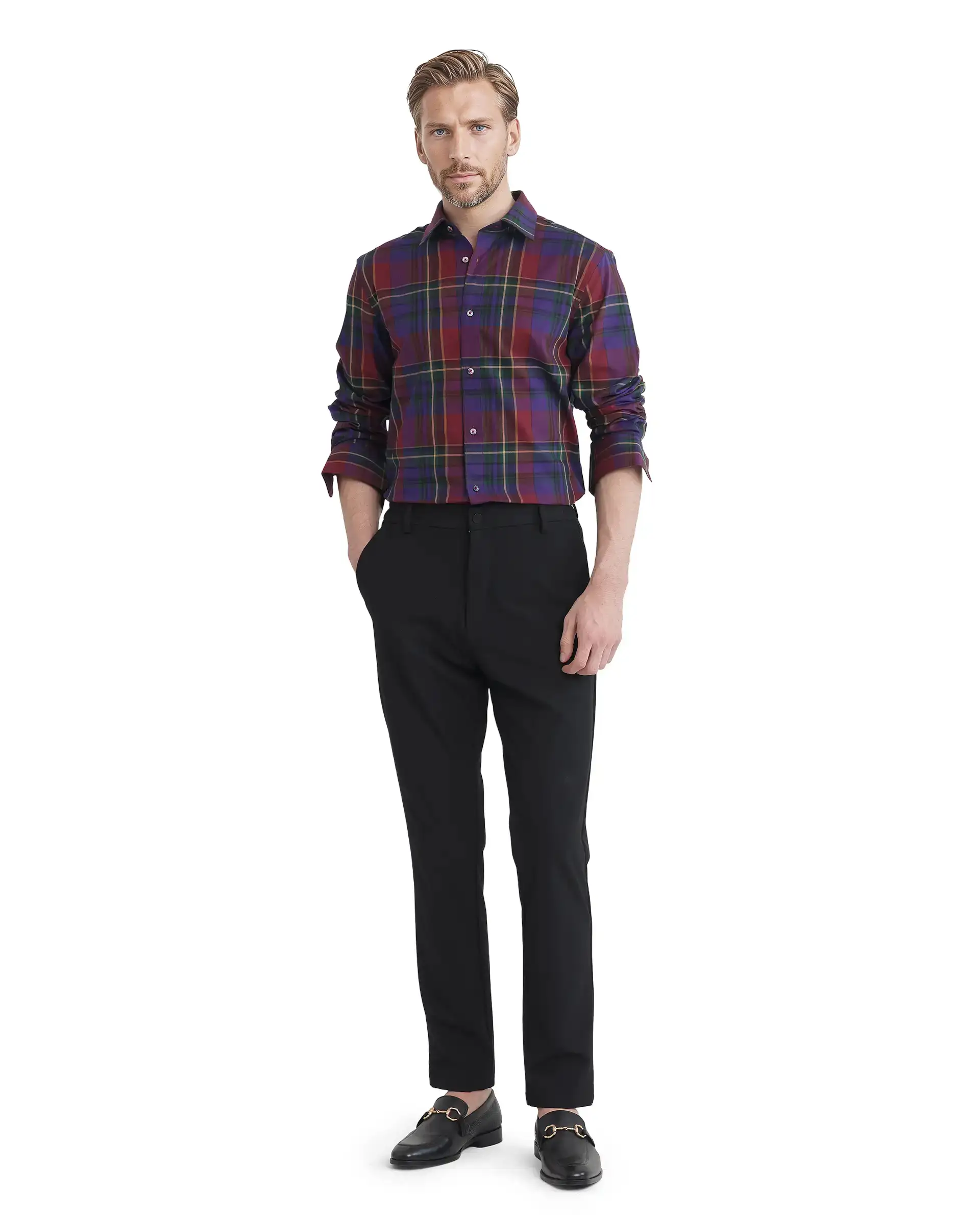 Rare Rabbit Men's Cruner Dark Purple Cotton Checked Print Regular Fit Full Sleeve Collared Shirt - Image 2