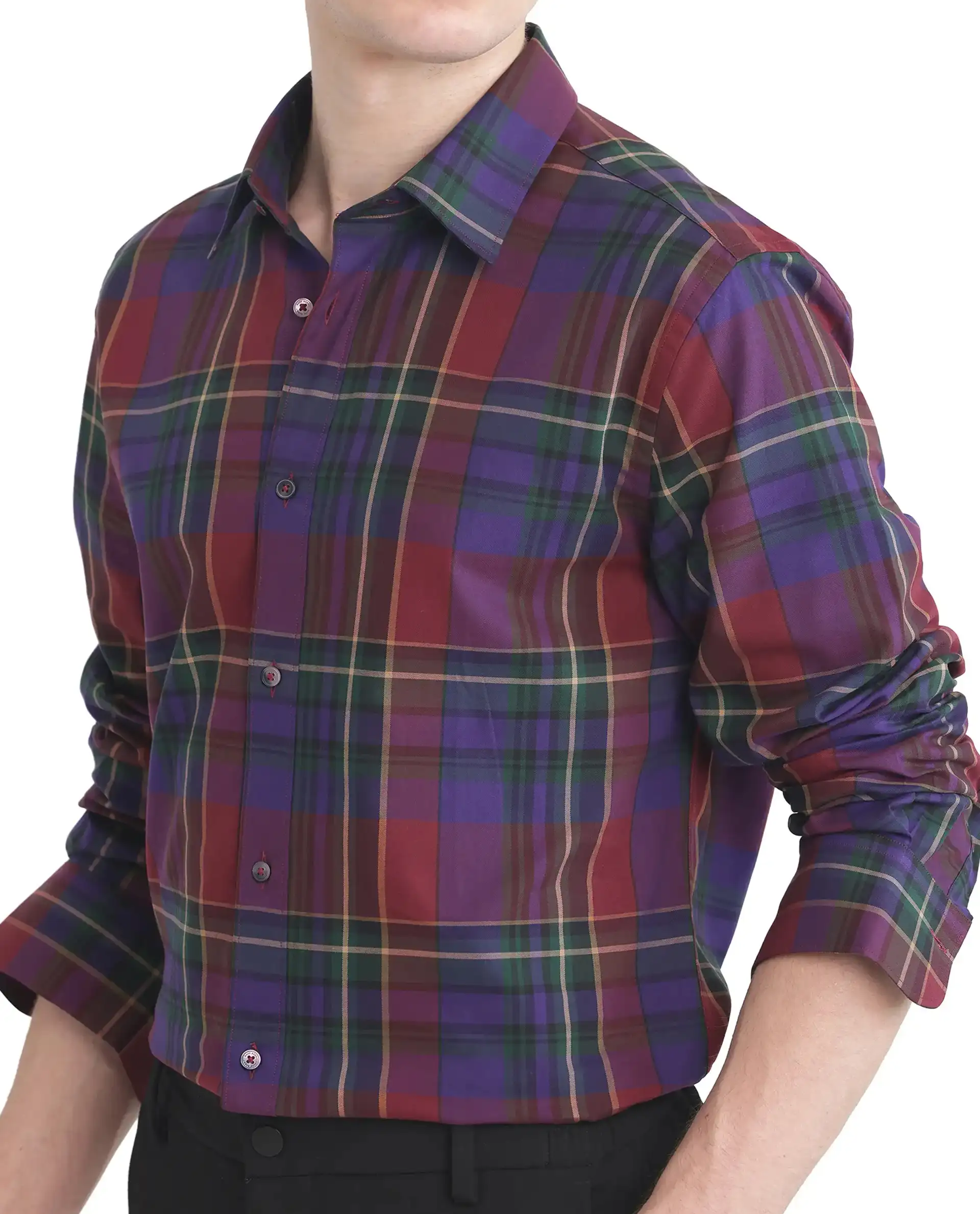 Rare Rabbit Men's Cruner Dark Purple Cotton Checked Print Regular Fit Full Sleeve Collared Shirt - Image 3