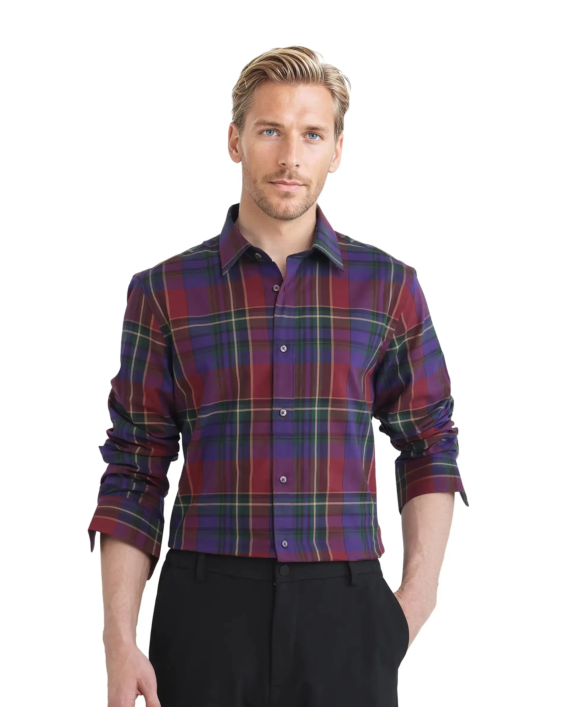 Rare Rabbit Men's Cruner Dark Purple Cotton Checked Print Regular Fit Full Sleeve Collared Shirt - Image 6