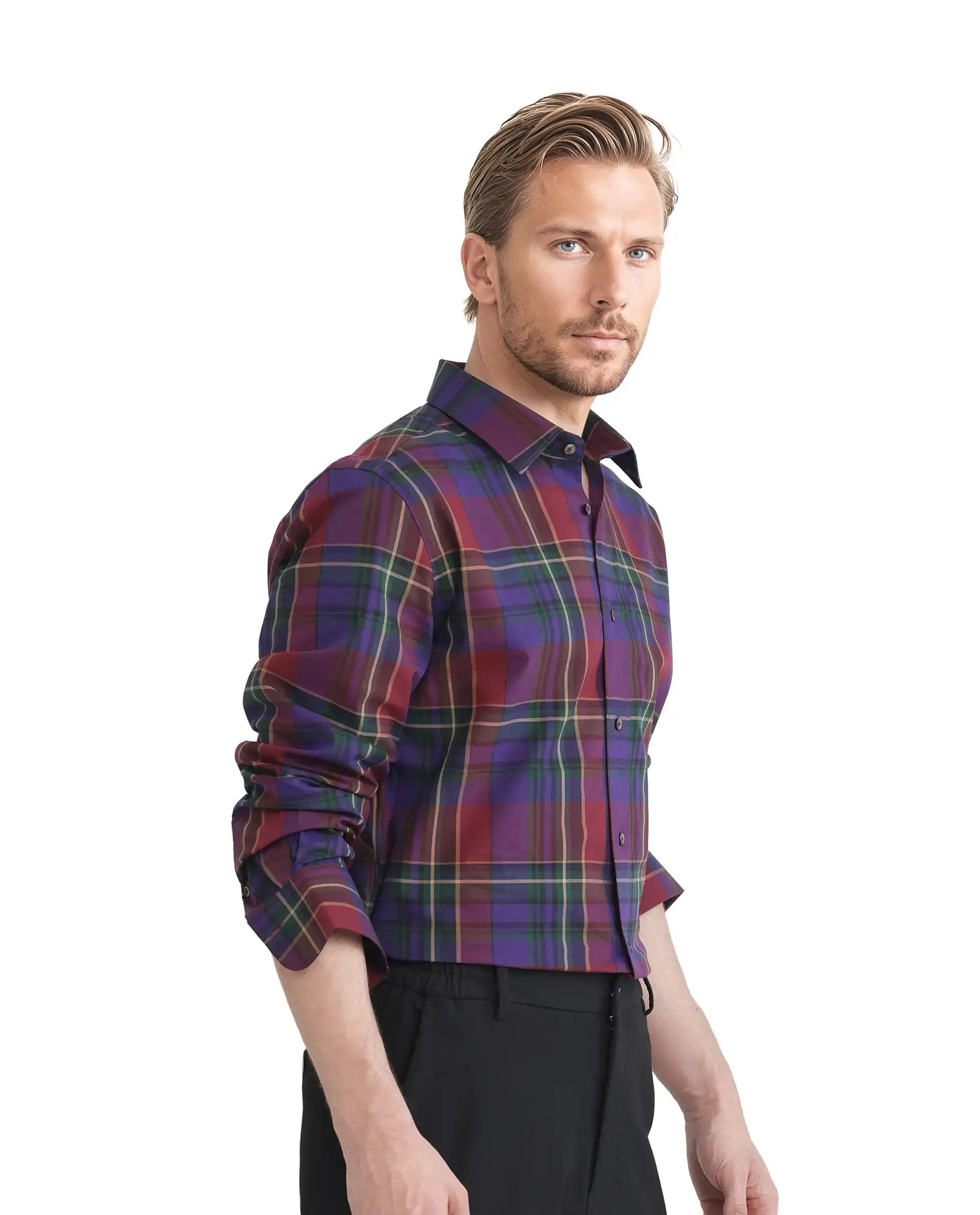 Rare Rabbit Men's Cruner Dark Purple Cotton Checked Print Regular Fit Full Sleeve Collared Shirt - Image 7