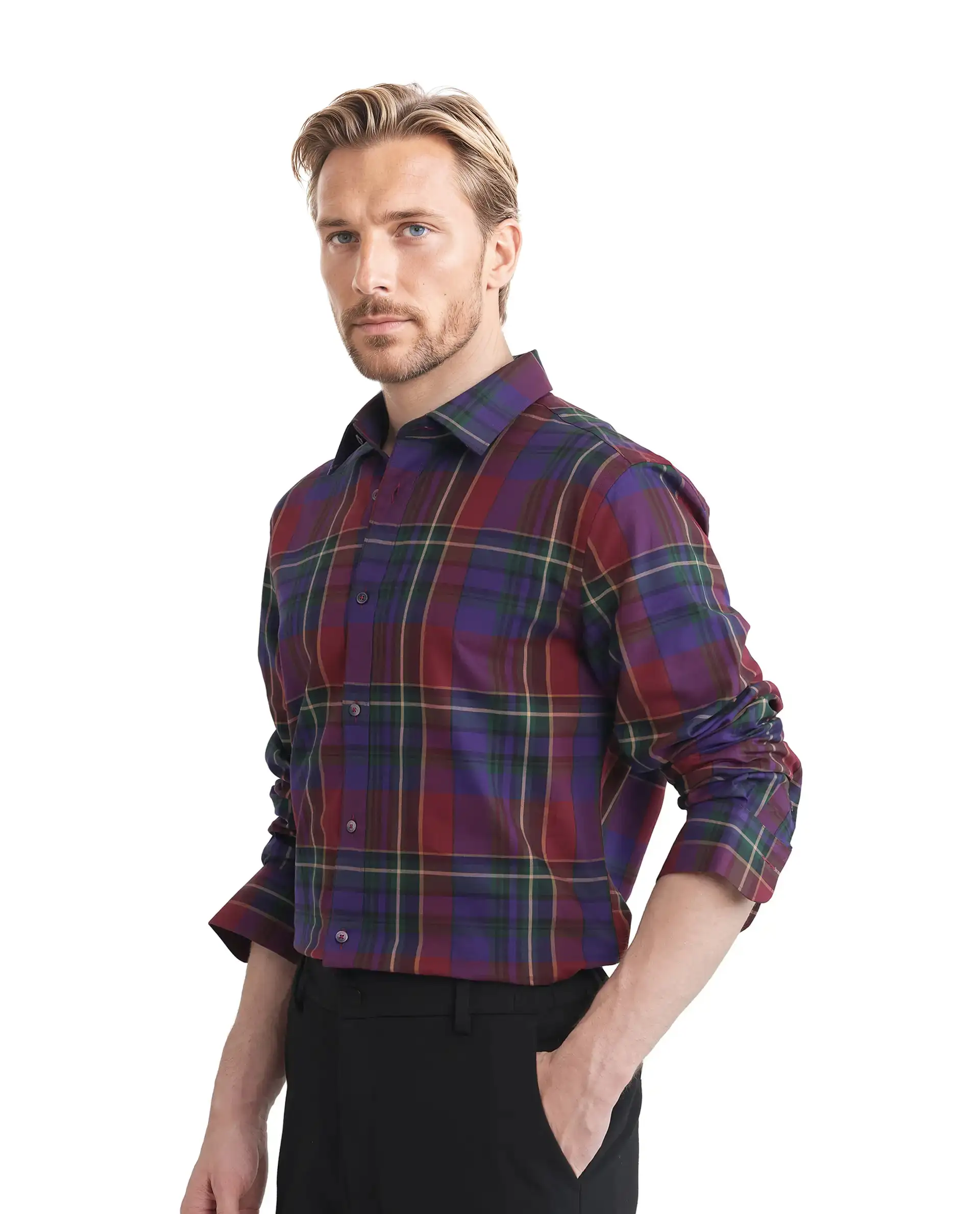 Rare Rabbit Men's Cruner Dark Purple Cotton Checked Print Regular Fit Full Sleeve Collared Shirt - Image 8