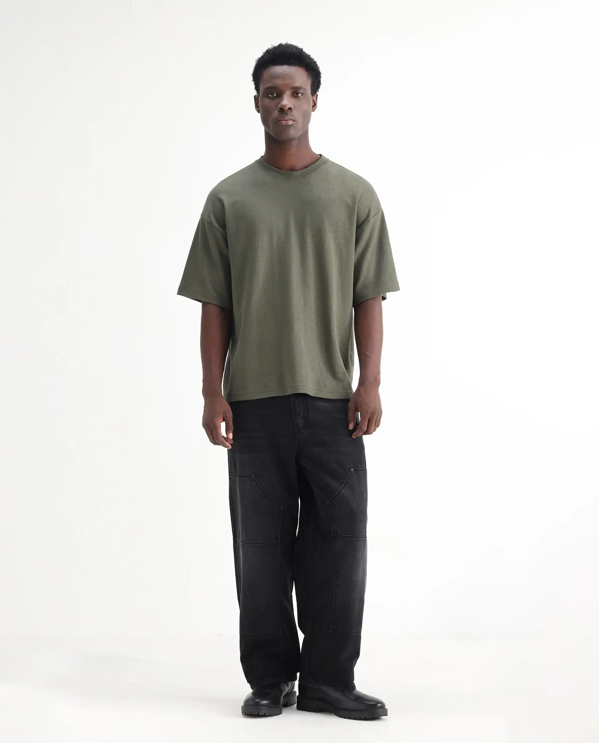 Rare Rabbit Men's Cruz Black Cotton Plain Baggy Fit Jeans