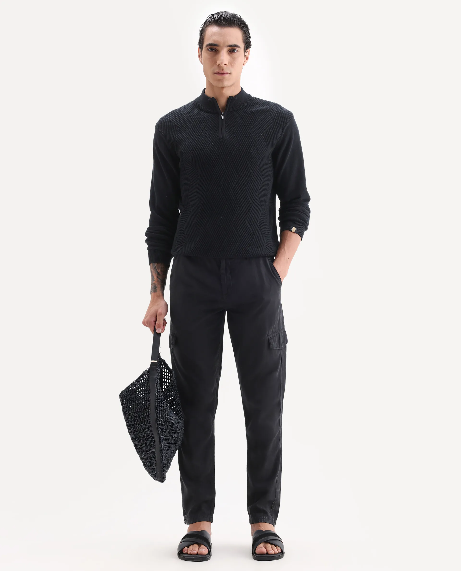 Rare Rabbit Men's Curon Black Cotton Plain Regular Fit Trouser