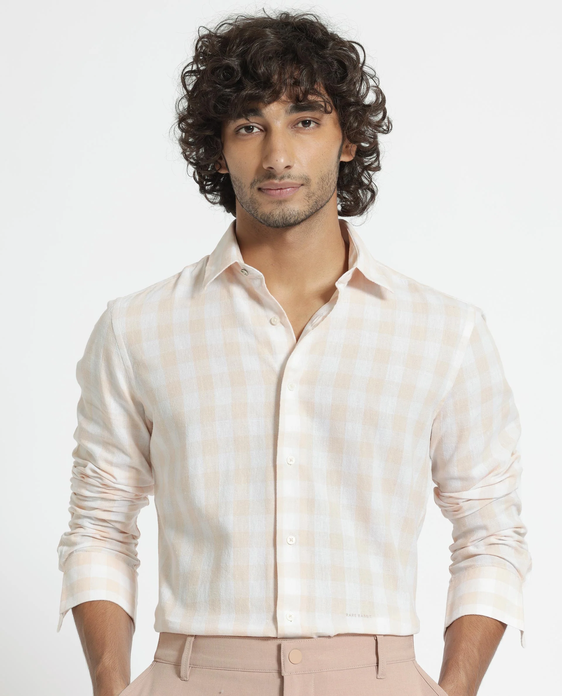 Rare Rabbit Men's Cutro Light Orange Cotton Checked Print Regular Fit Full Sleeve Collared Shirt