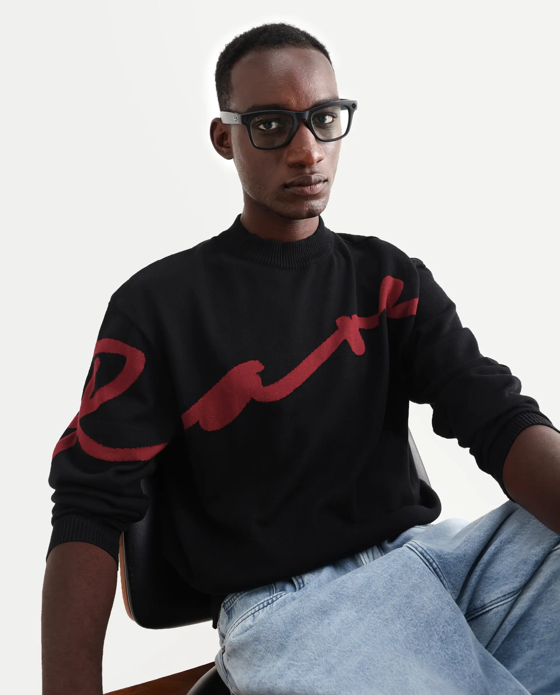 Rare Rabbit Men's Cyan Black Cotton Textured Regular Fit Full Sleeve Crew Neck Sweater