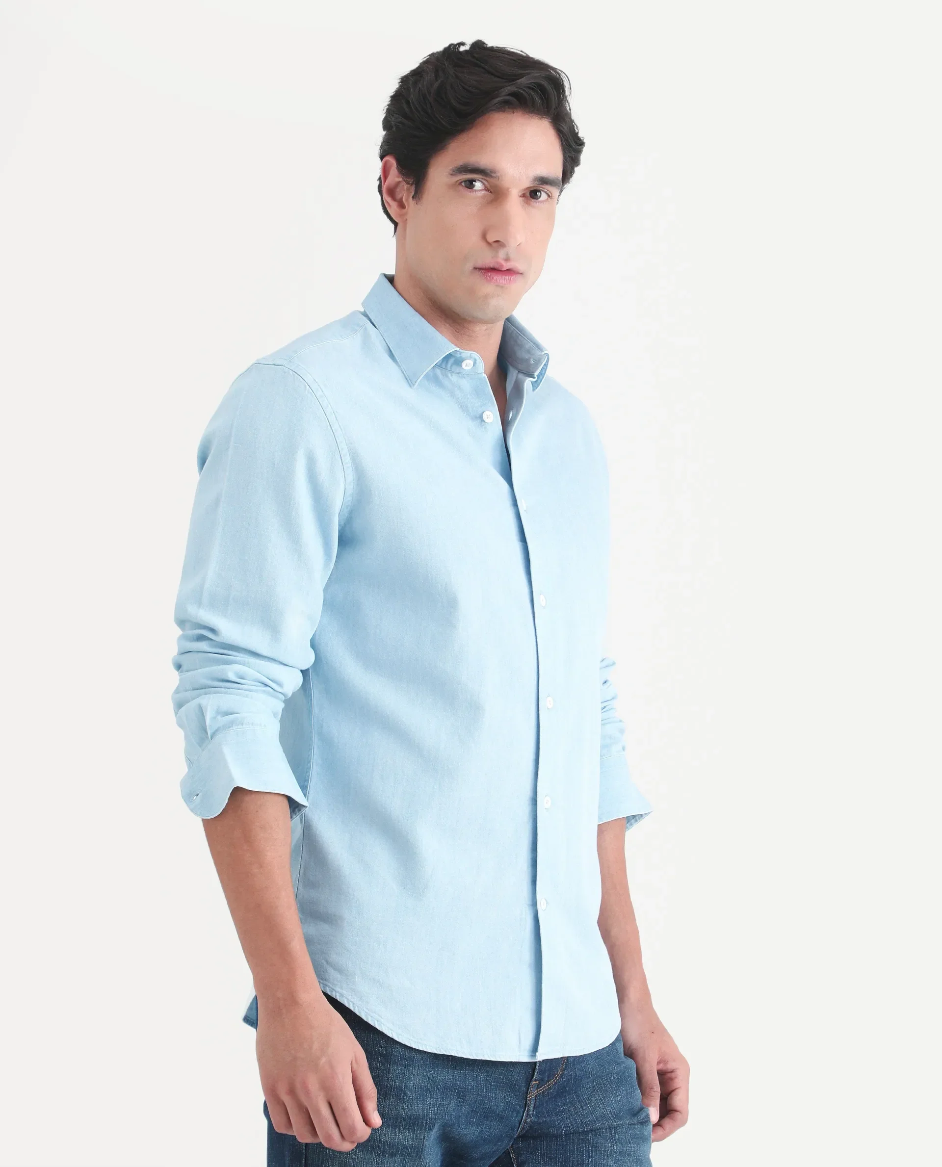 Rare Rabbit Men's Dami Light Blue Cotton Fabric Full Sleeve Spread Collar Regular Fit Plain Shirt - Image 6
