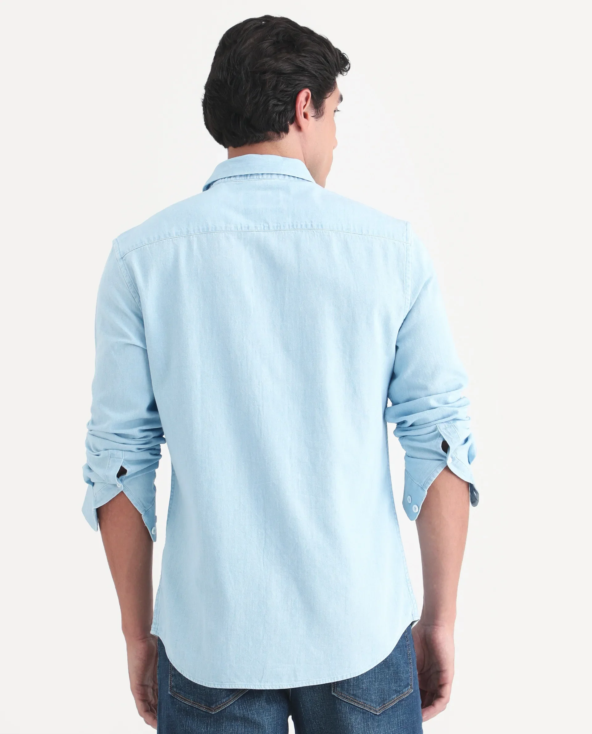 Rare Rabbit Men's Dami Light Blue Cotton Fabric Full Sleeve Spread Collar Regular Fit Plain Shirt - Image 7