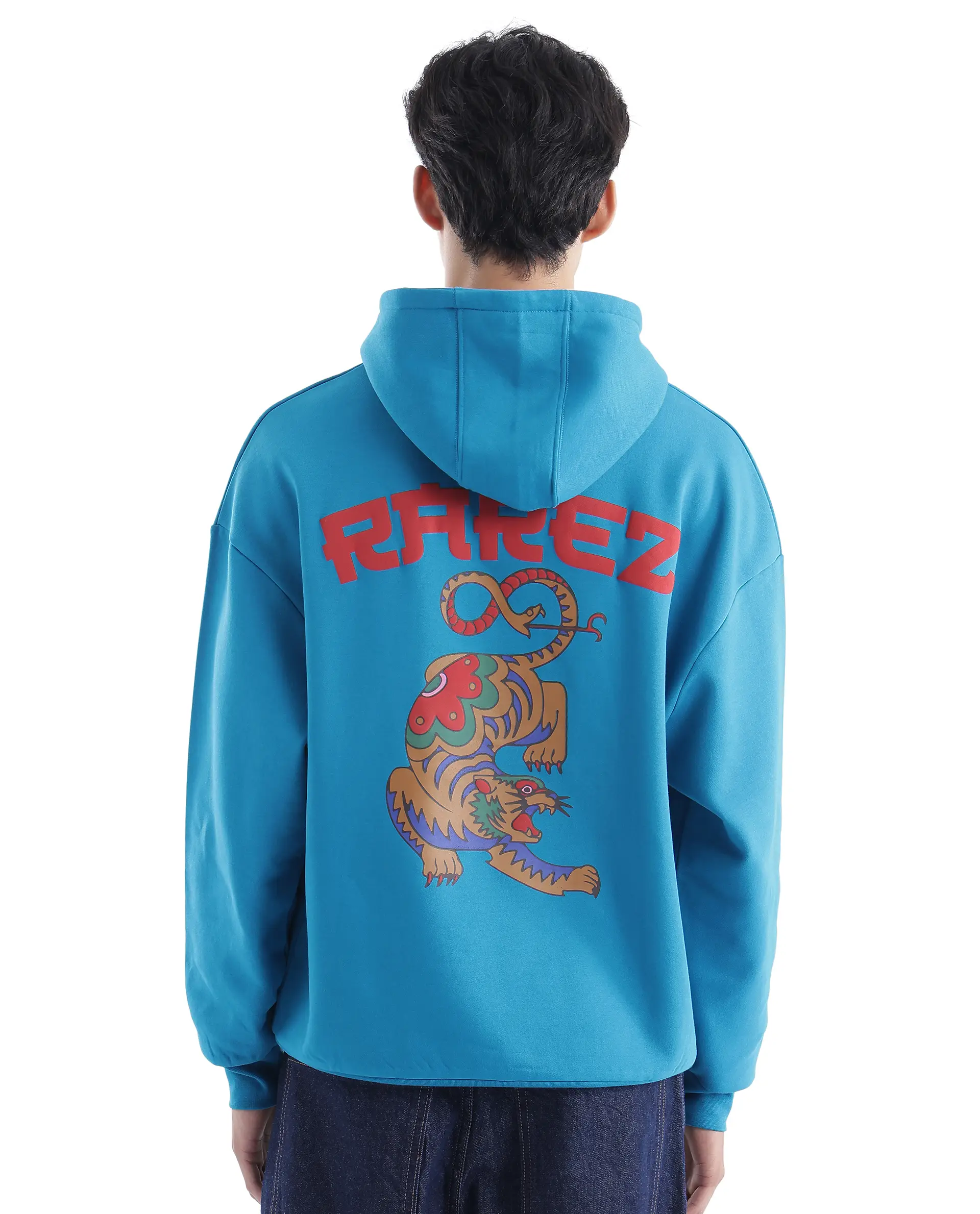 Rare Rabbit Men's Dary Flouroscent Blue Cotton Puff Print Boxy Fit Full Sleeve Hooded Sweatshirt - Image 4