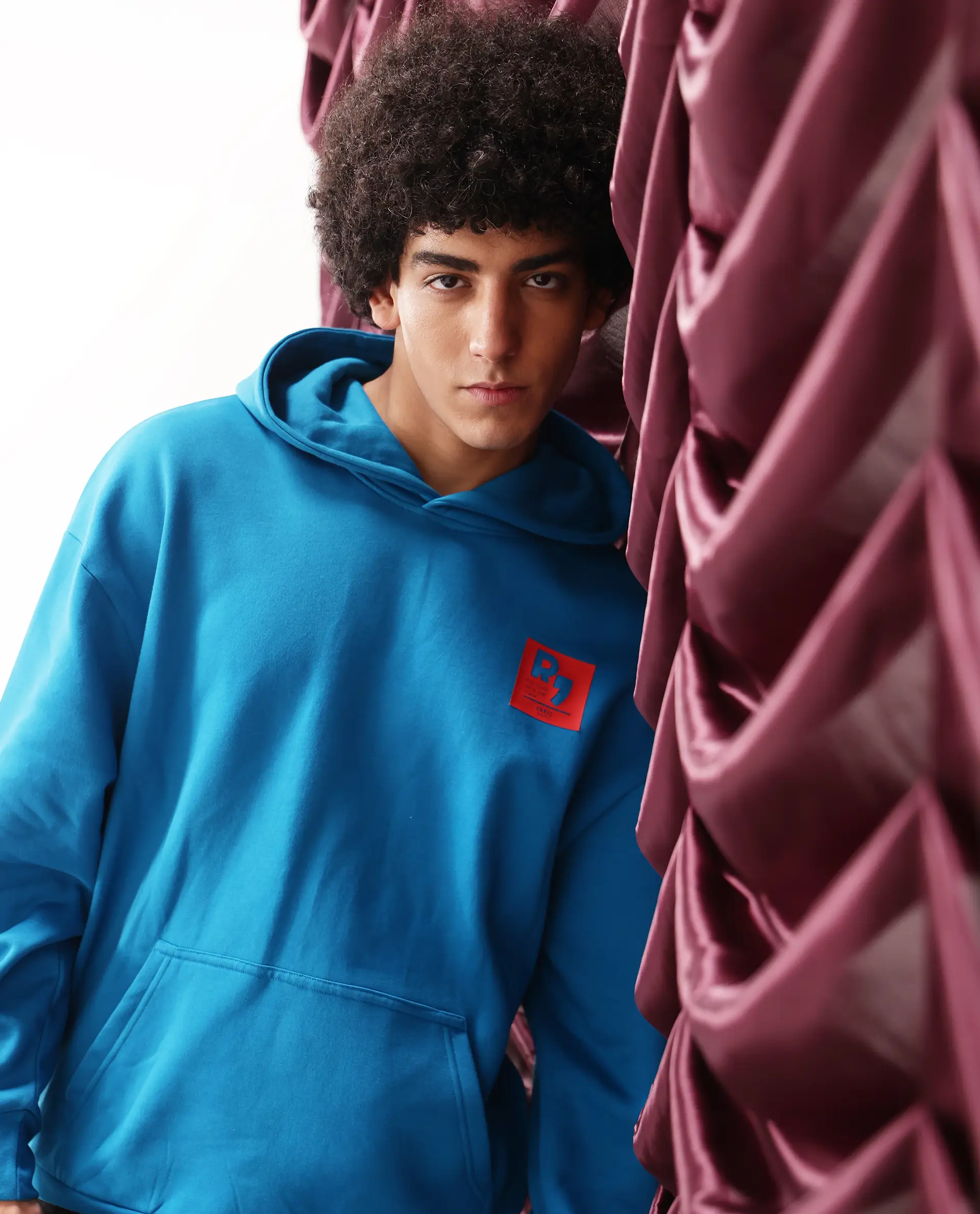 Rare Rabbit Men's Dary Flouroscent Blue Cotton Puff Print Boxy Fit Full Sleeve Hooded Sweatshirt - Image 9