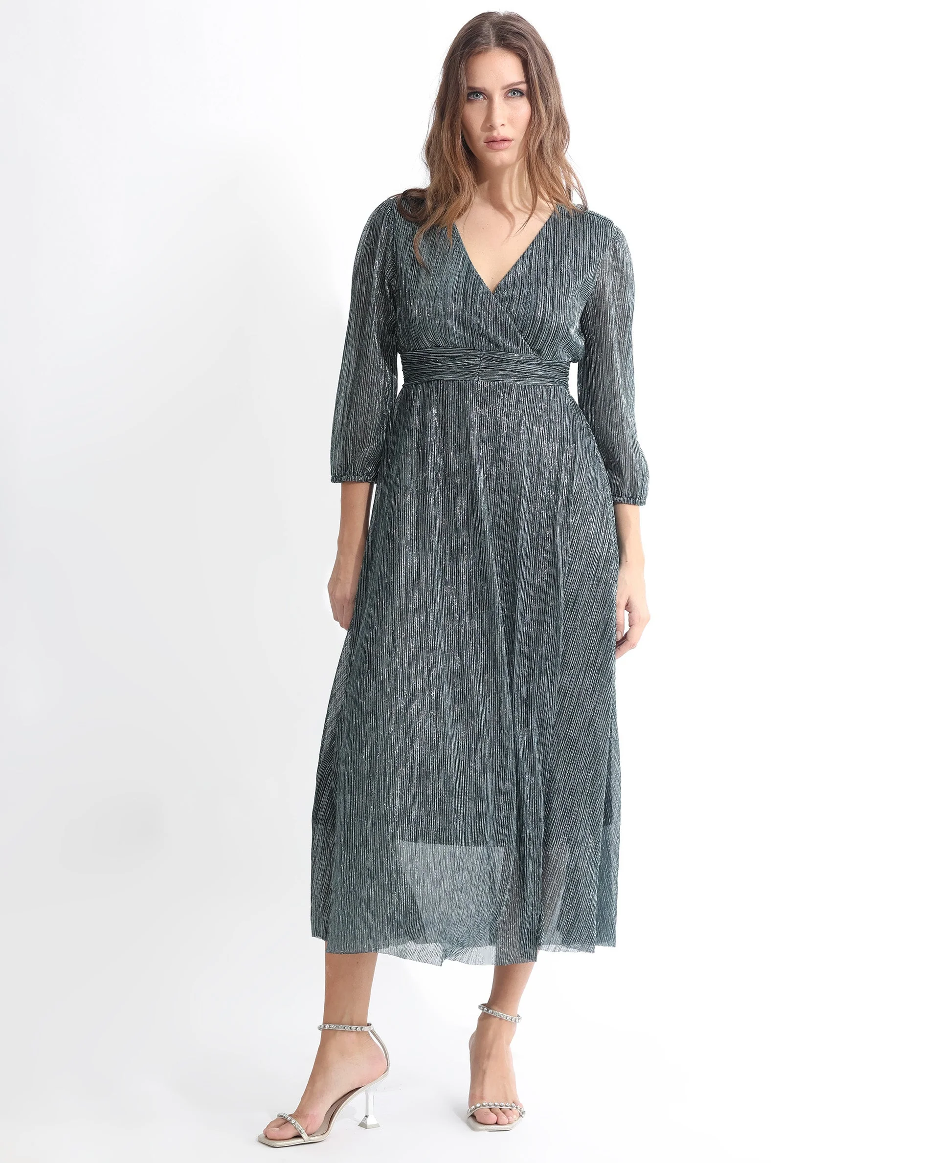 Rareism Women's Daso Metalic Silver Polyester Overlap Neck Shimmer Balloon Sleeve Maxi Fit And Flare Dress