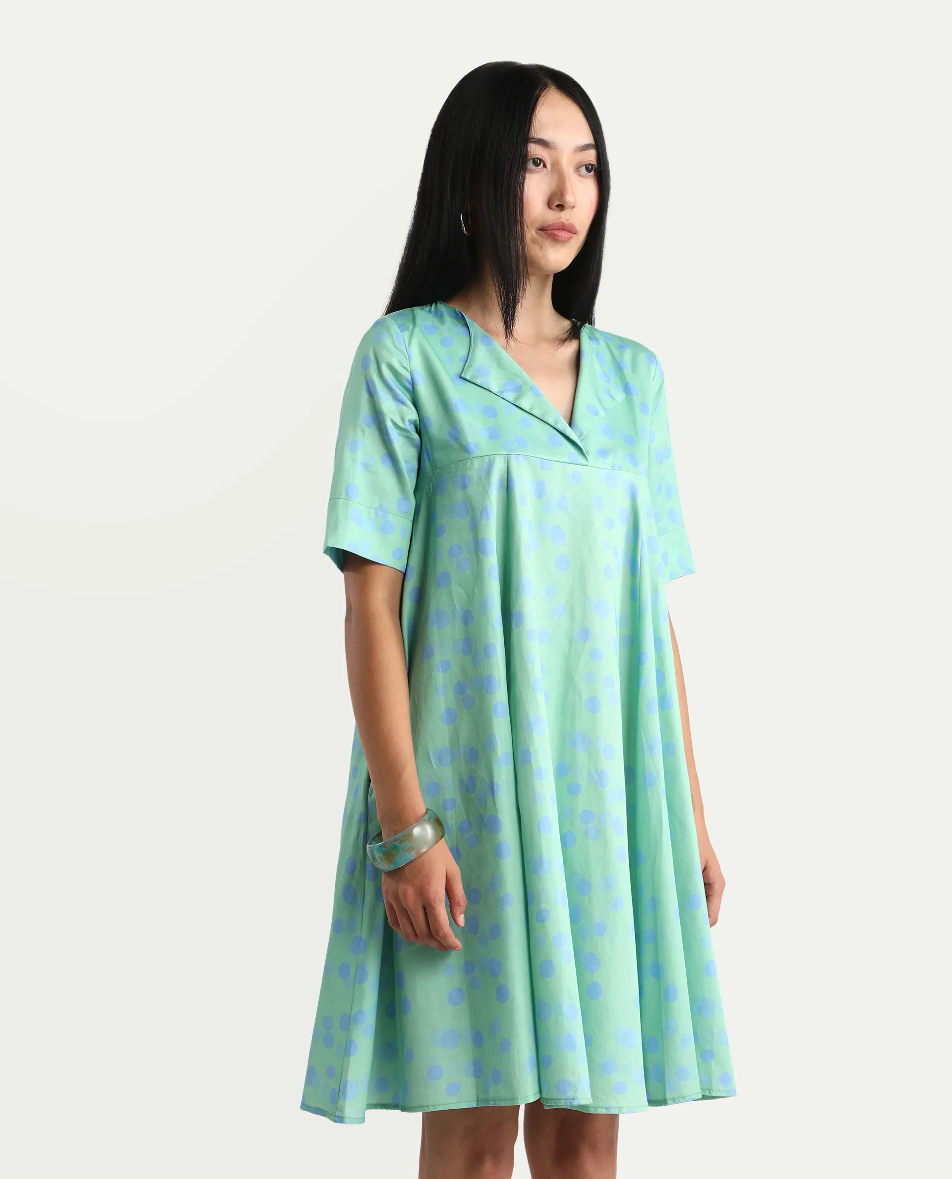 Rareism Women's Davidson Dusky Green Cotton Overlap Neck Polka Print Mini Flared Dress - Image 6