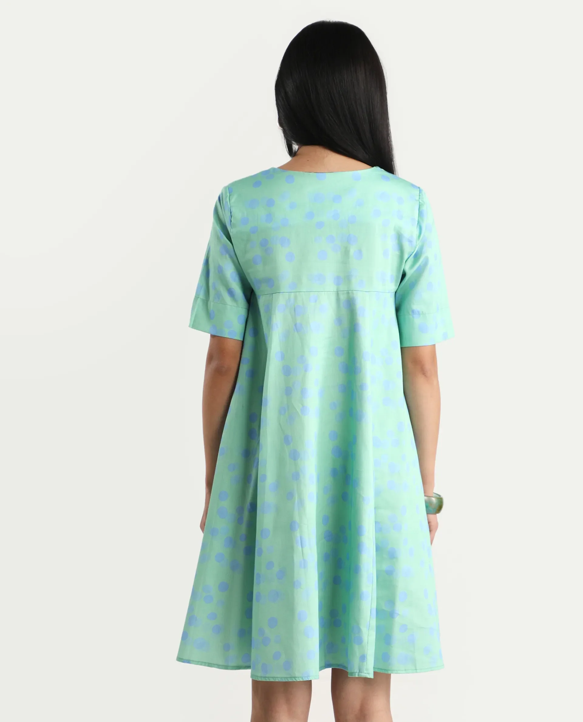 Rareism Women's Davidson Dusky Green Cotton Overlap Neck Polka Print Mini Flared Dress - Image 7
