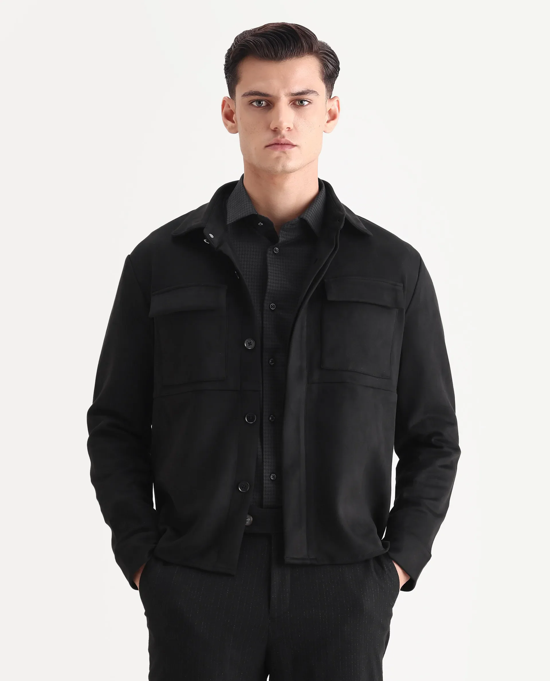 Rare Rabbit Men's Delk Black Suede Plain Regular Fit Full Sleeve Spread Collar Jacket