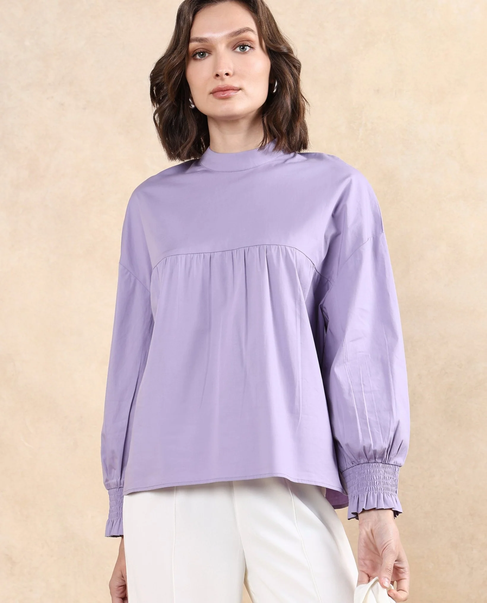 Rareism Women's Delpo Dusky Purple Cotton Blend High Neck Plain Bishop Sleeve Relaxed Fit Top