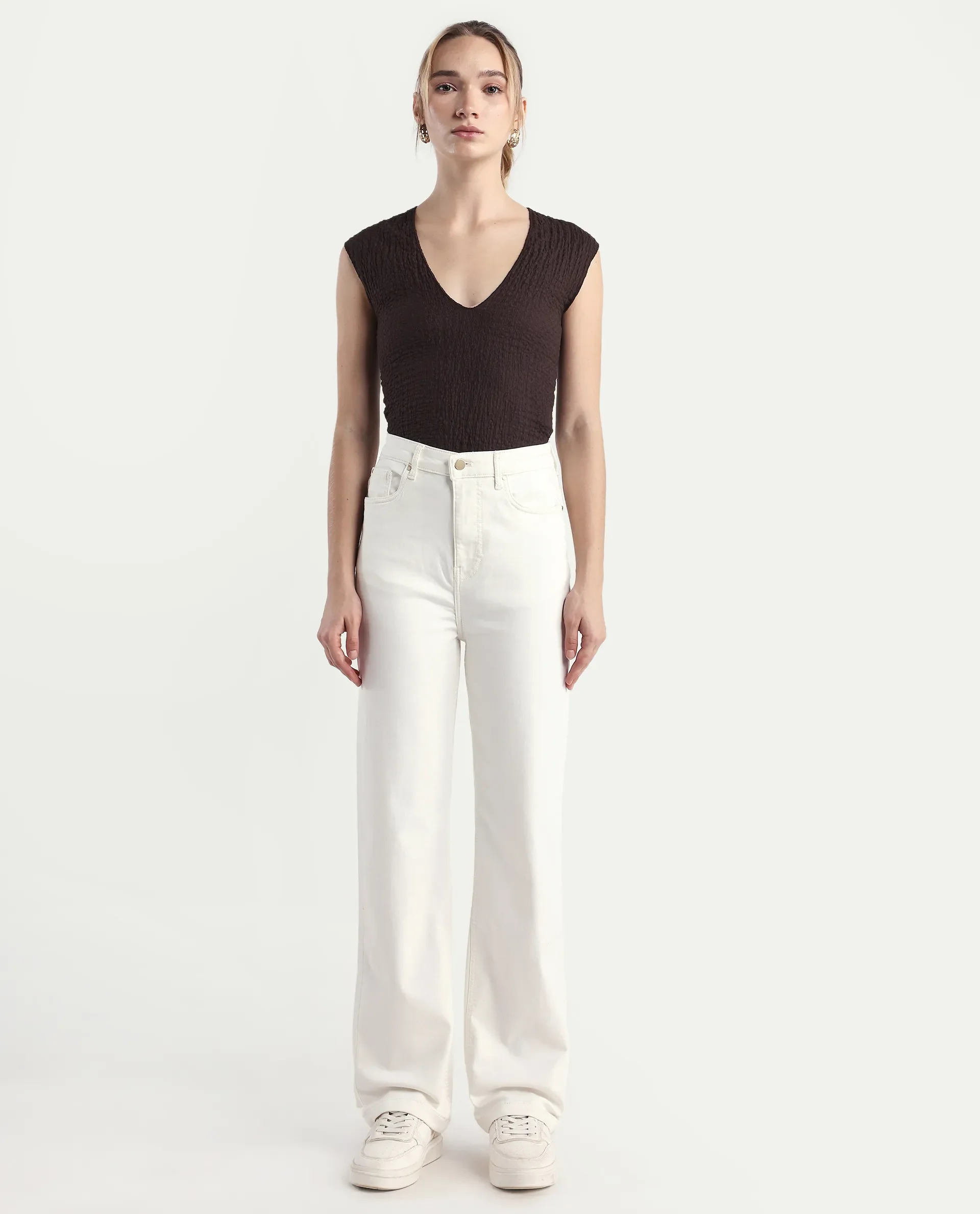 Rareism Women's Denby Off White Cotton Blend Straight Plain Jeans - Image 3