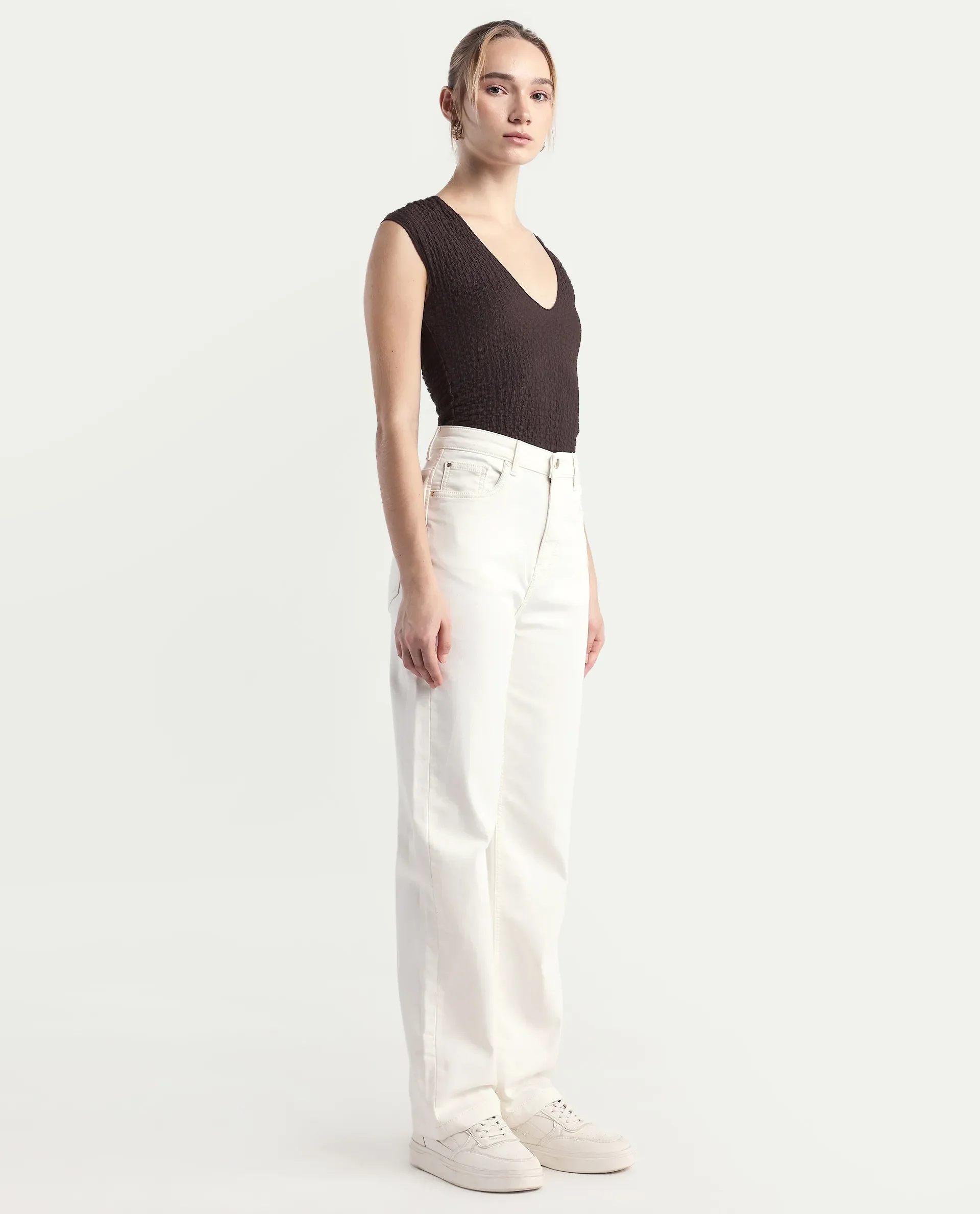 Rareism Women's Denby Off White Cotton Blend Straight Plain Jeans - Image 7
