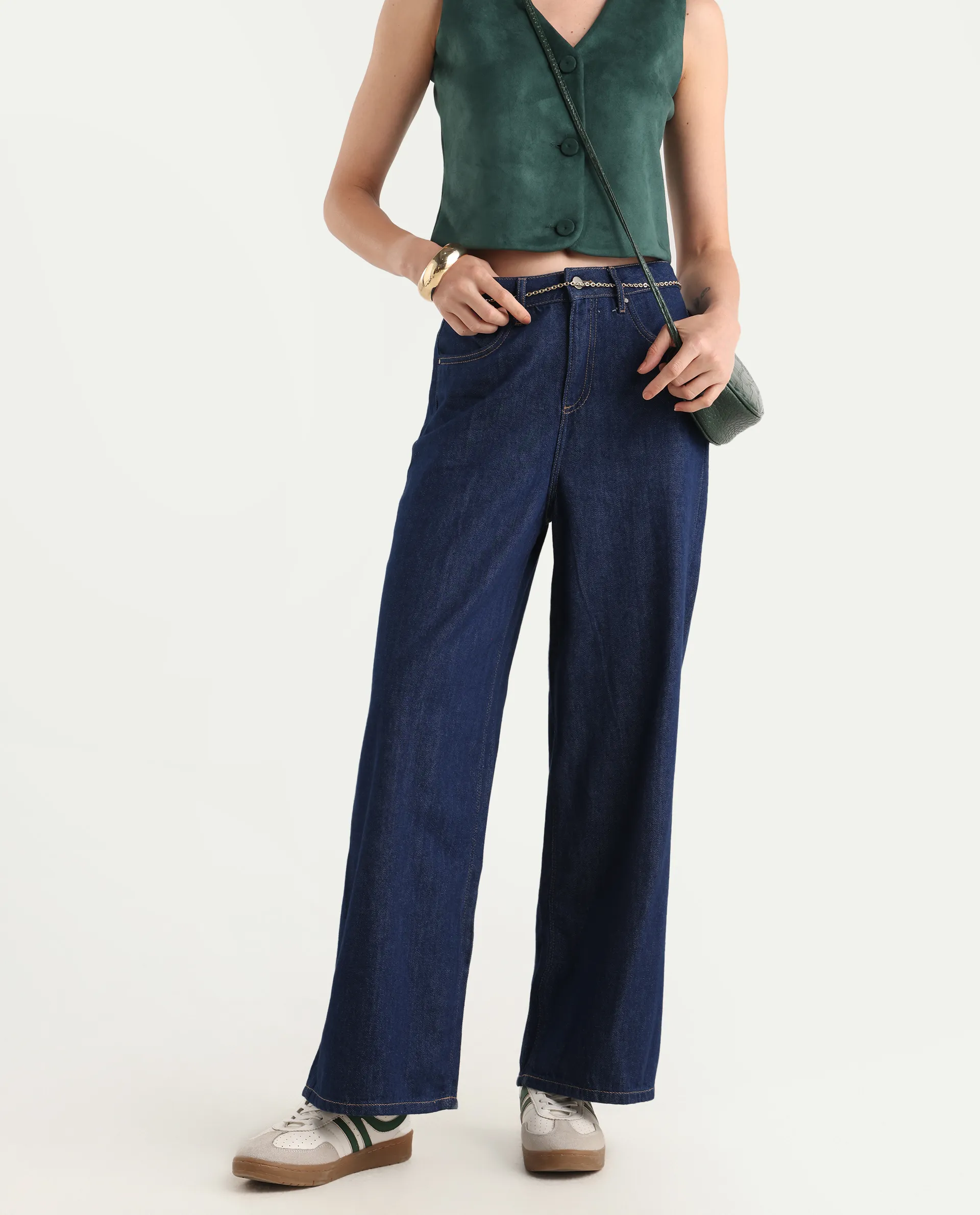 Rareism Women's Denio Dark Blue Cotton Wide Plain Jeans - Image 2