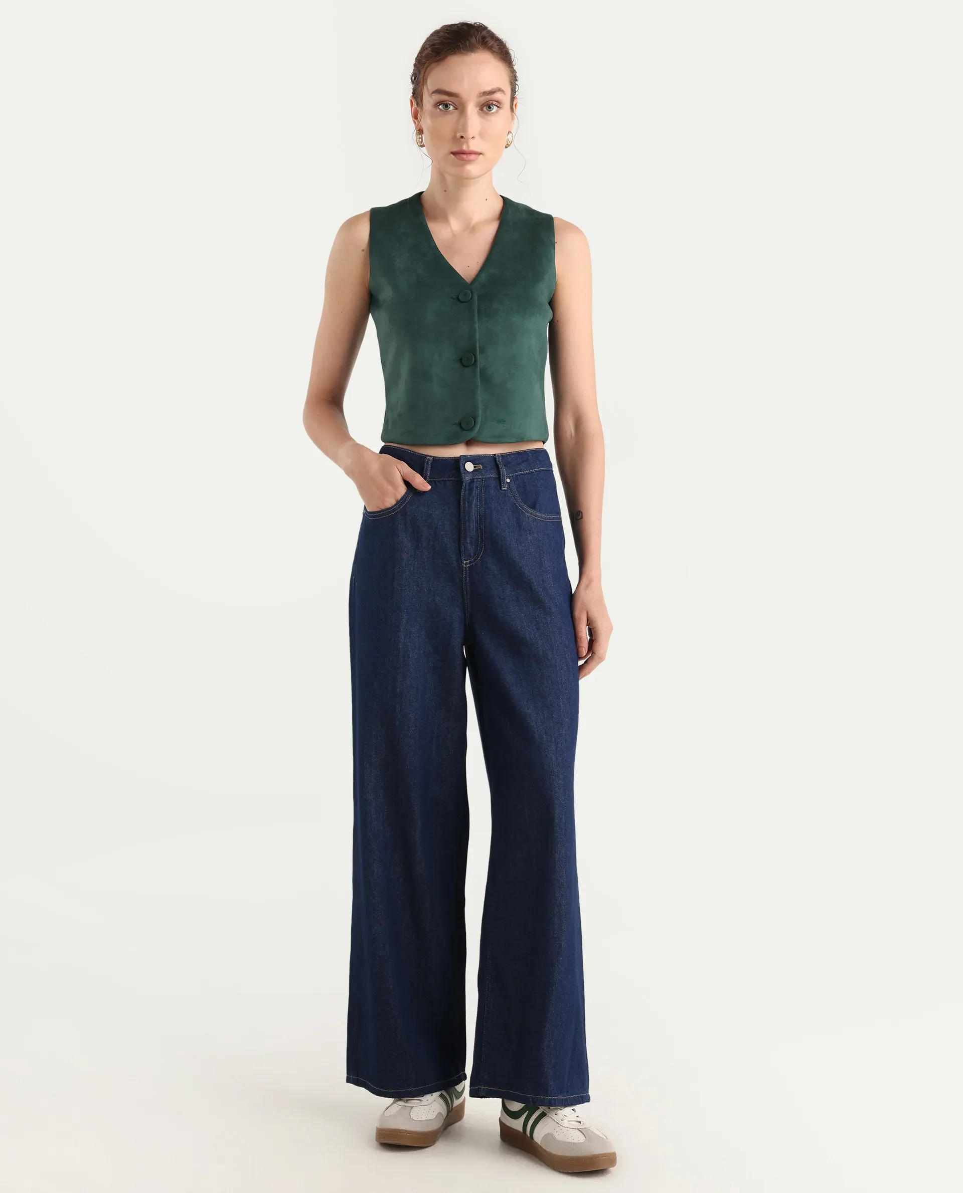 Rareism Women's Denio Dark Blue Cotton Wide Plain Jeans - Image 3