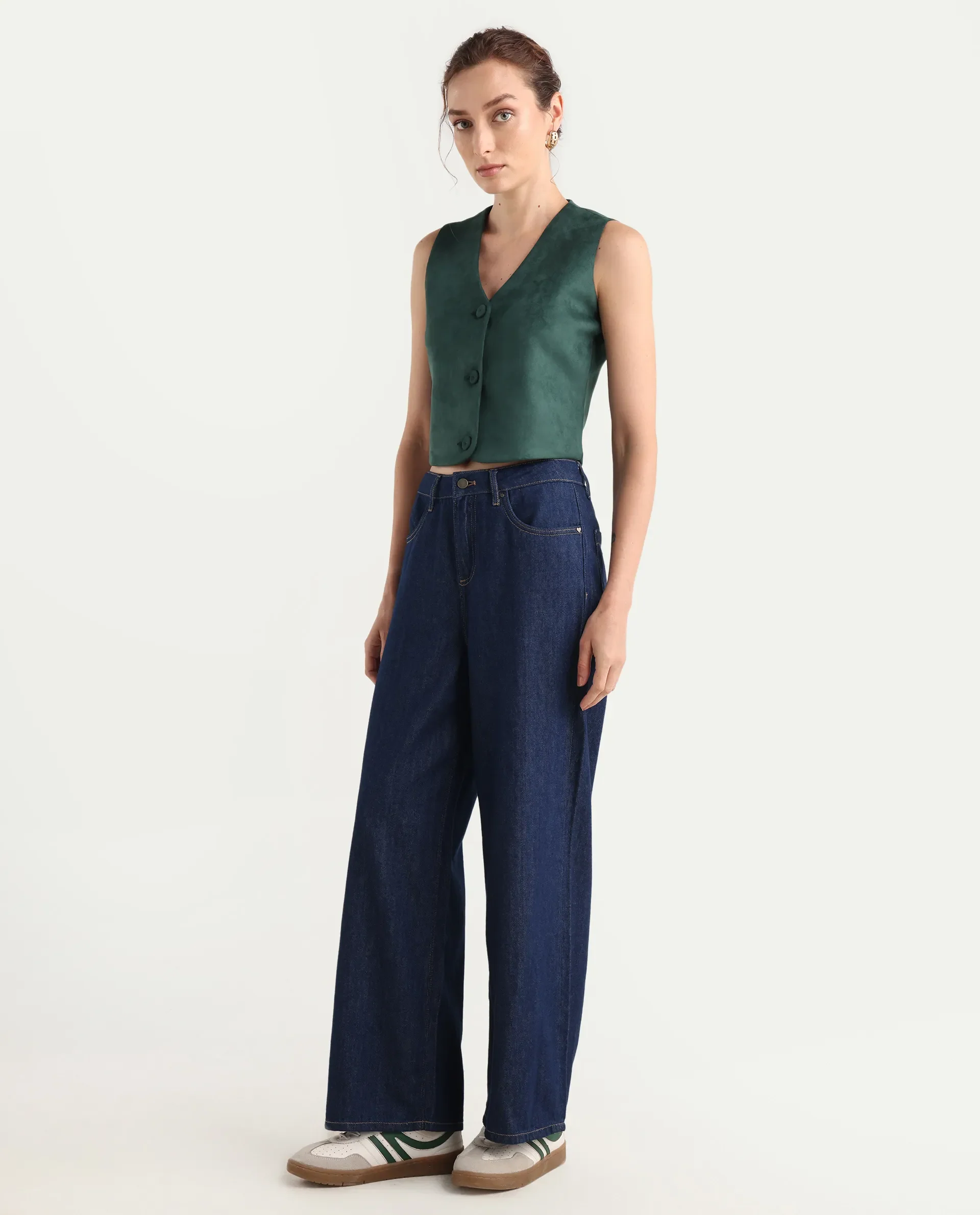 Rareism Women's Denio Dark Blue Cotton Wide Plain Jeans - Image 4