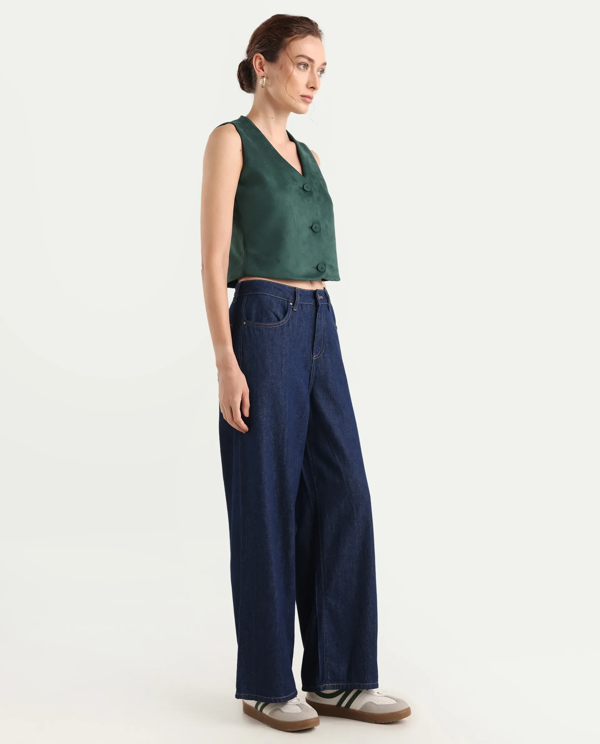 Rareism Women's Denio Dark Blue Cotton Wide Plain Jeans - Image 5