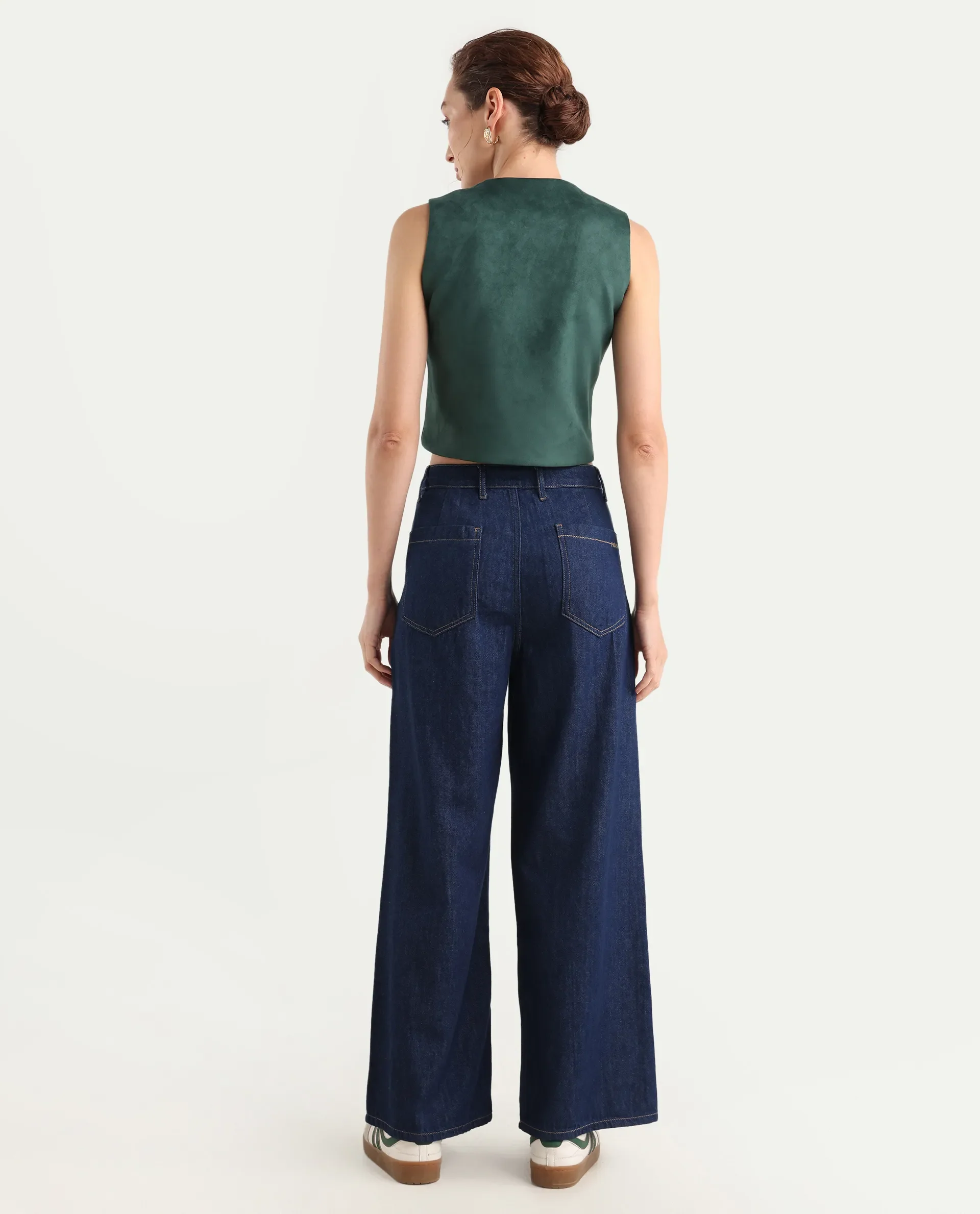 Rareism Women's Denio Dark Blue Cotton Wide Plain Jeans - Image 6