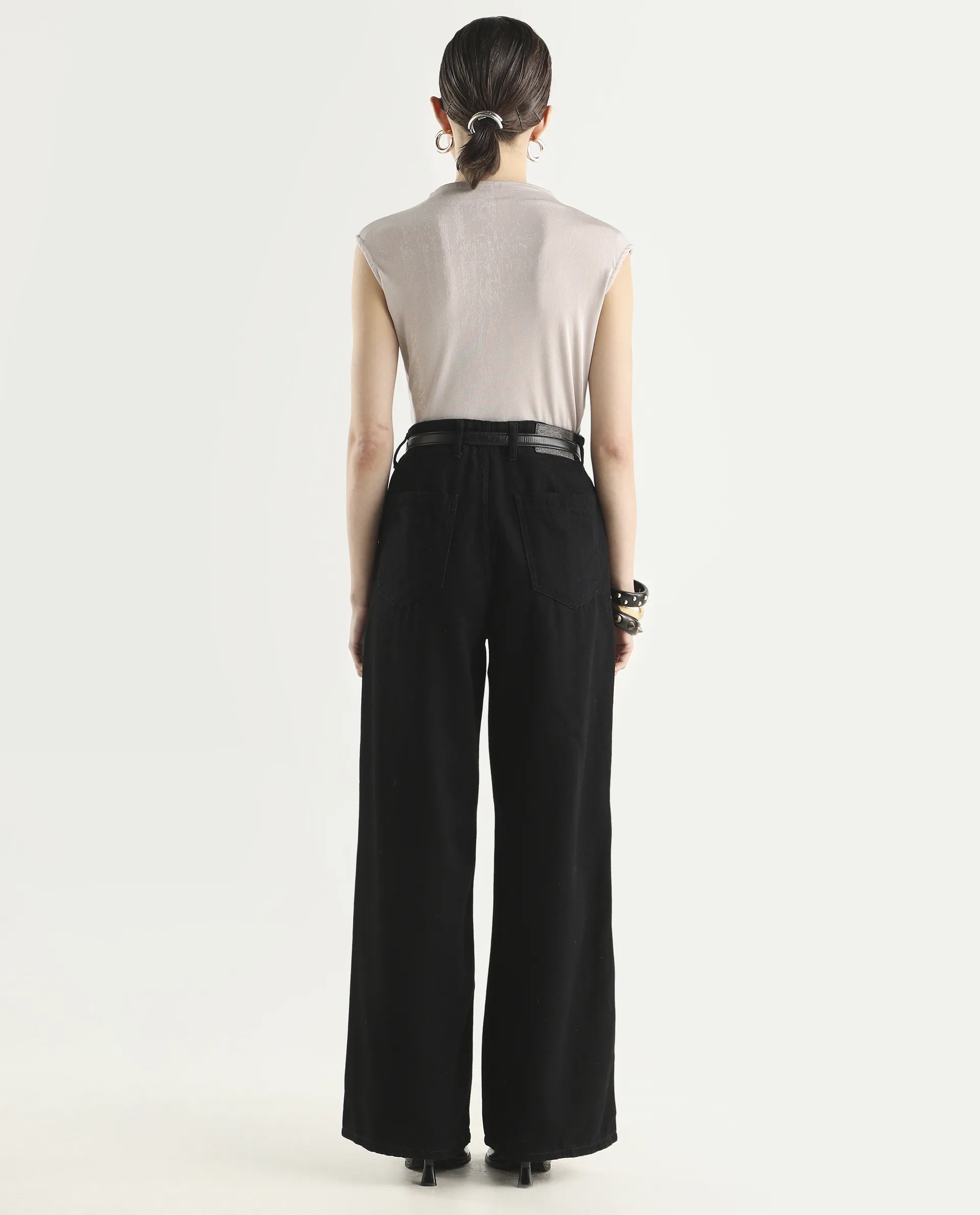 Rareism Women's Denir Black Cotton Wide Plain Denim - Image 9