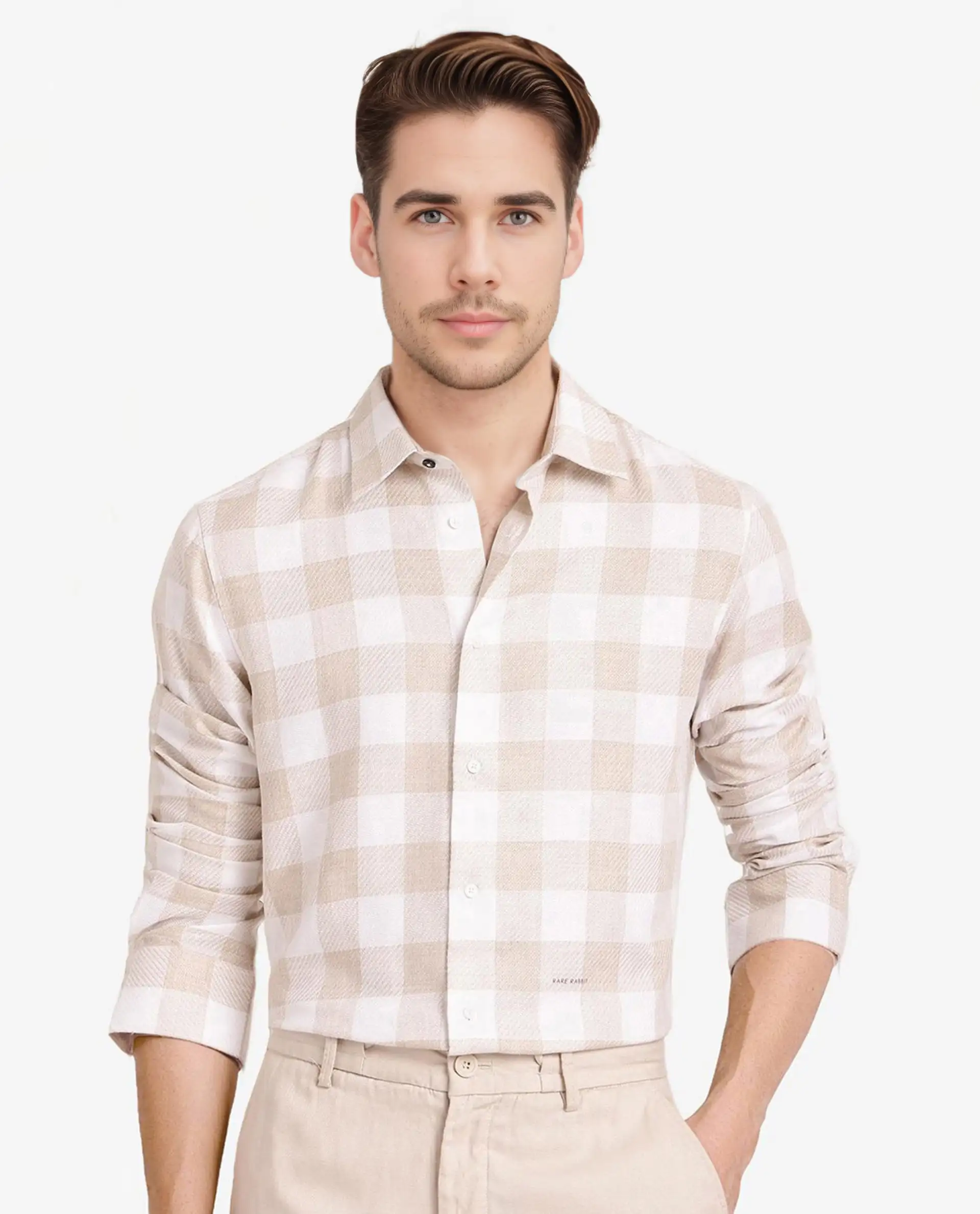 Rare Rabbit Men's Denmark Light Olive Cotton Blend Checked Print Regular Fit Full Sleeve Collared Shirt