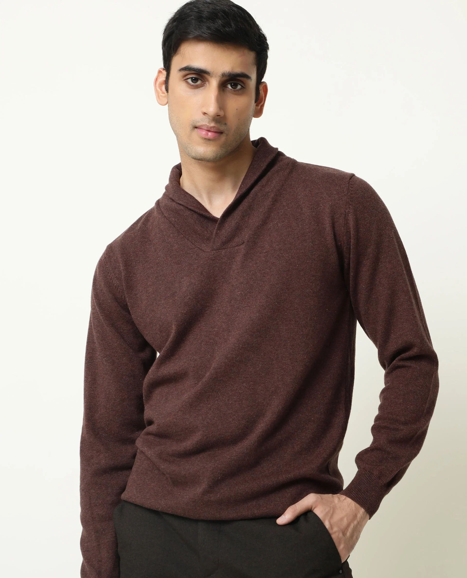 Rare Rabbit Men's Denvy Brown Cotton Plain Regular Fit Full Sleeve Shawl Neck Sweater