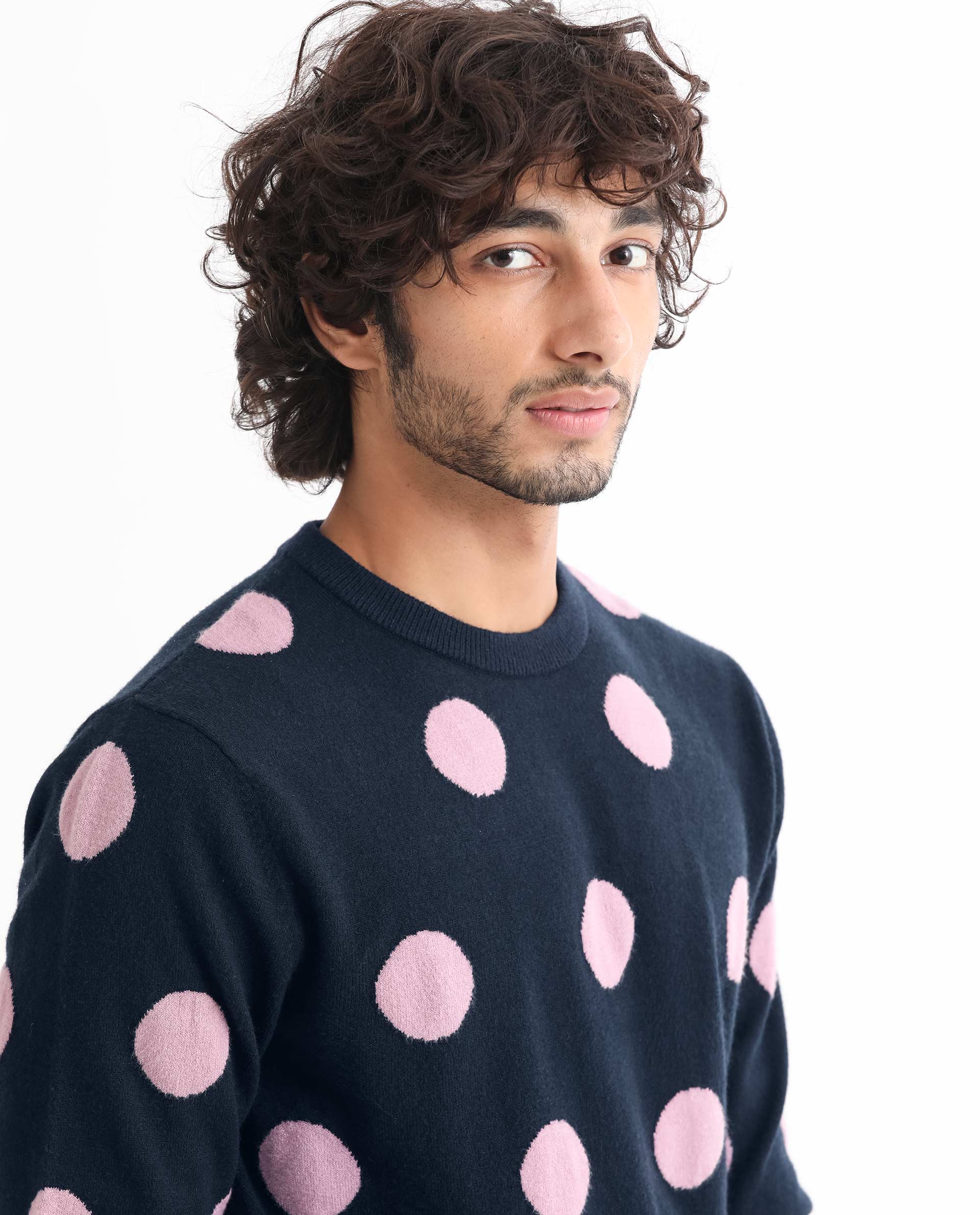 Rare Rabbit Men's Deremy Navy Viscose Polka Print Relaxed Fit Full Sleeve Crew Neck Sweater