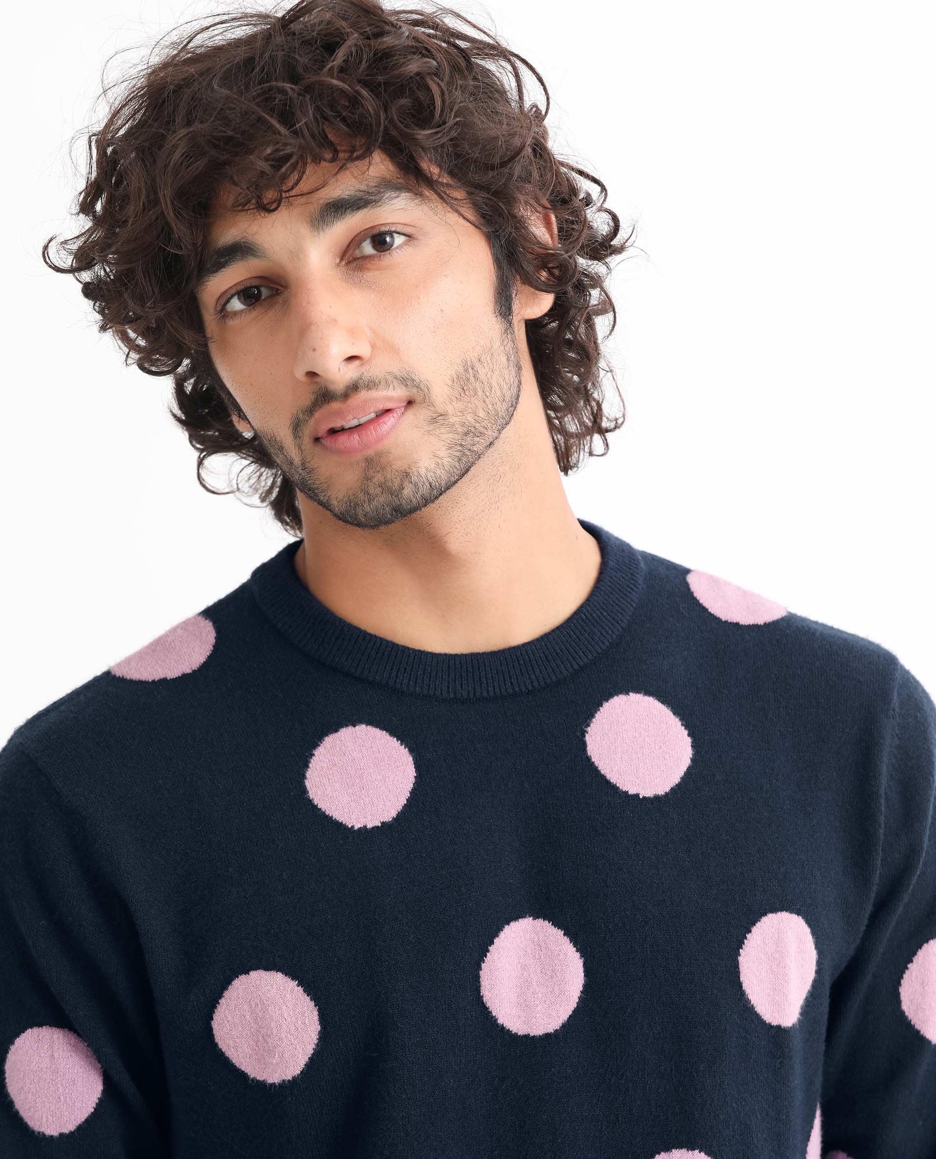 Rare Rabbit Men's Deremy Navy Viscose Polka Print Relaxed Fit Full Sleeve Crew Neck Sweater - Image 2