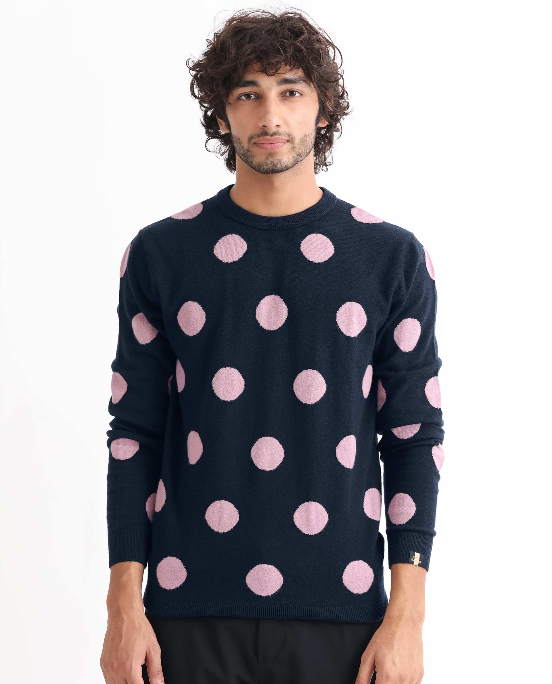 Rare Rabbit Men's Deremy Navy Viscose Polka Print Relaxed Fit Full Sleeve Crew Neck Sweater - Image 3