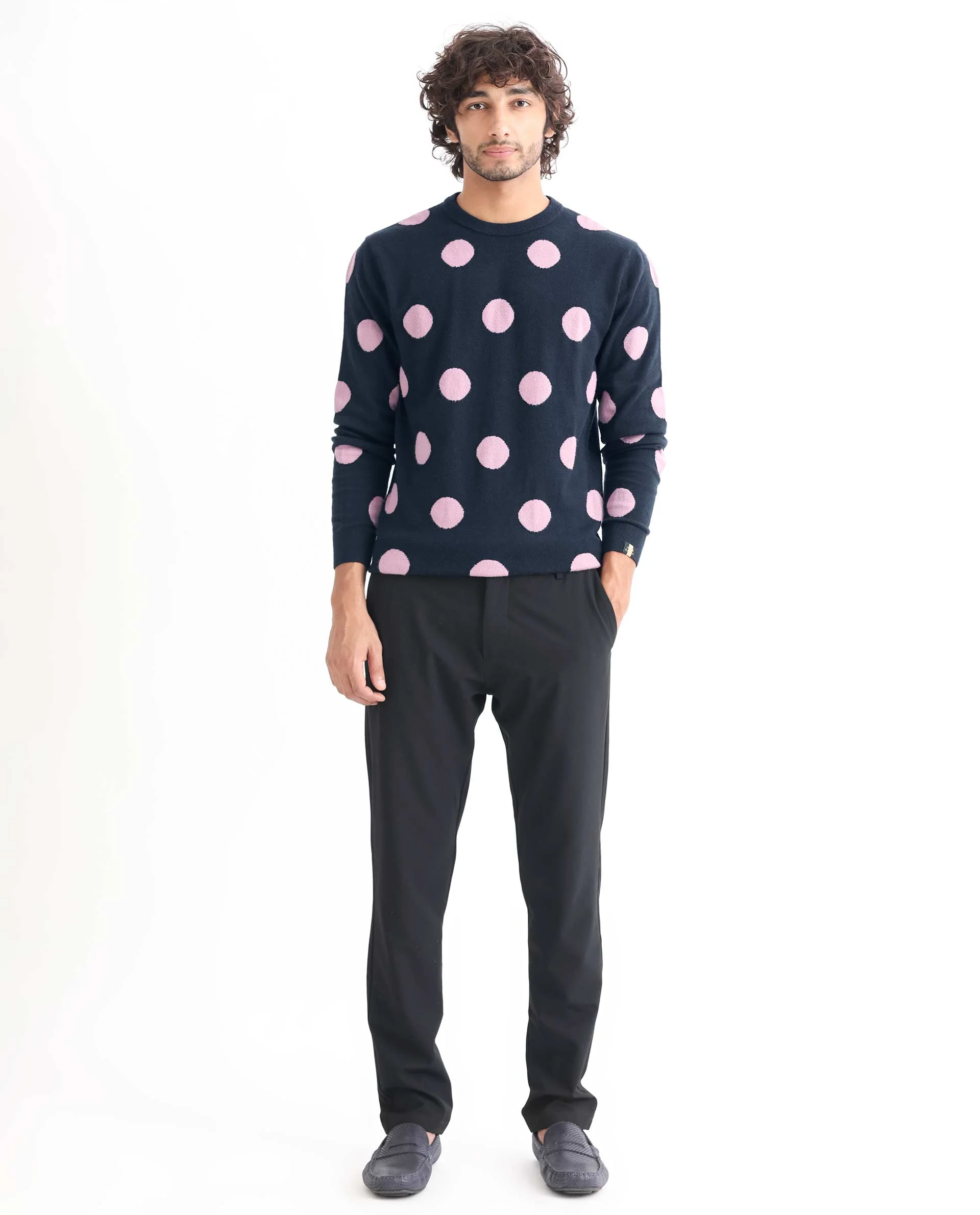 Rare Rabbit Men's Deremy Navy Viscose Polka Print Relaxed Fit Full Sleeve Crew Neck Sweater - Image 4