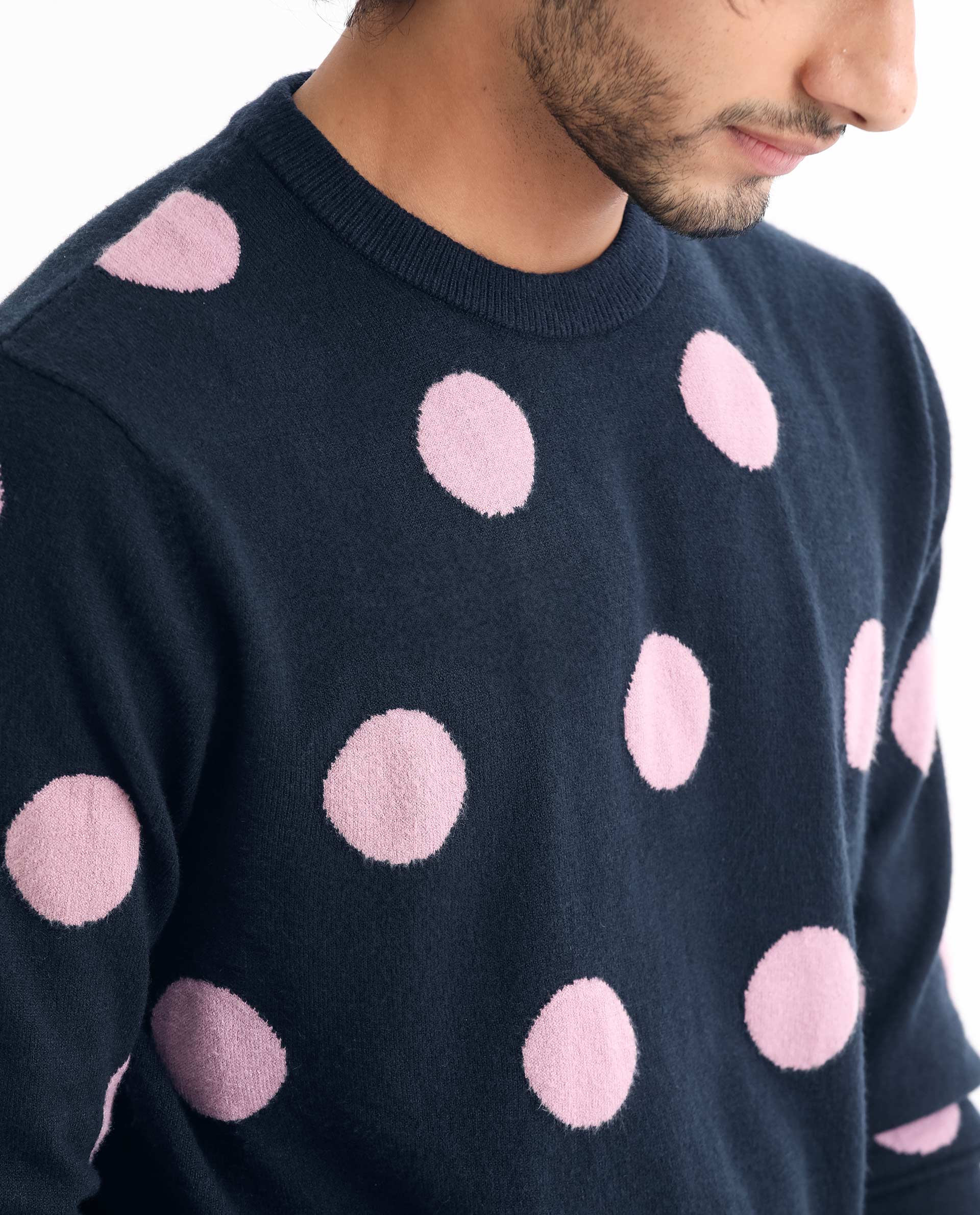 Rare Rabbit Men's Deremy Navy Viscose Polka Print Relaxed Fit Full Sleeve Crew Neck Sweater - Image 6