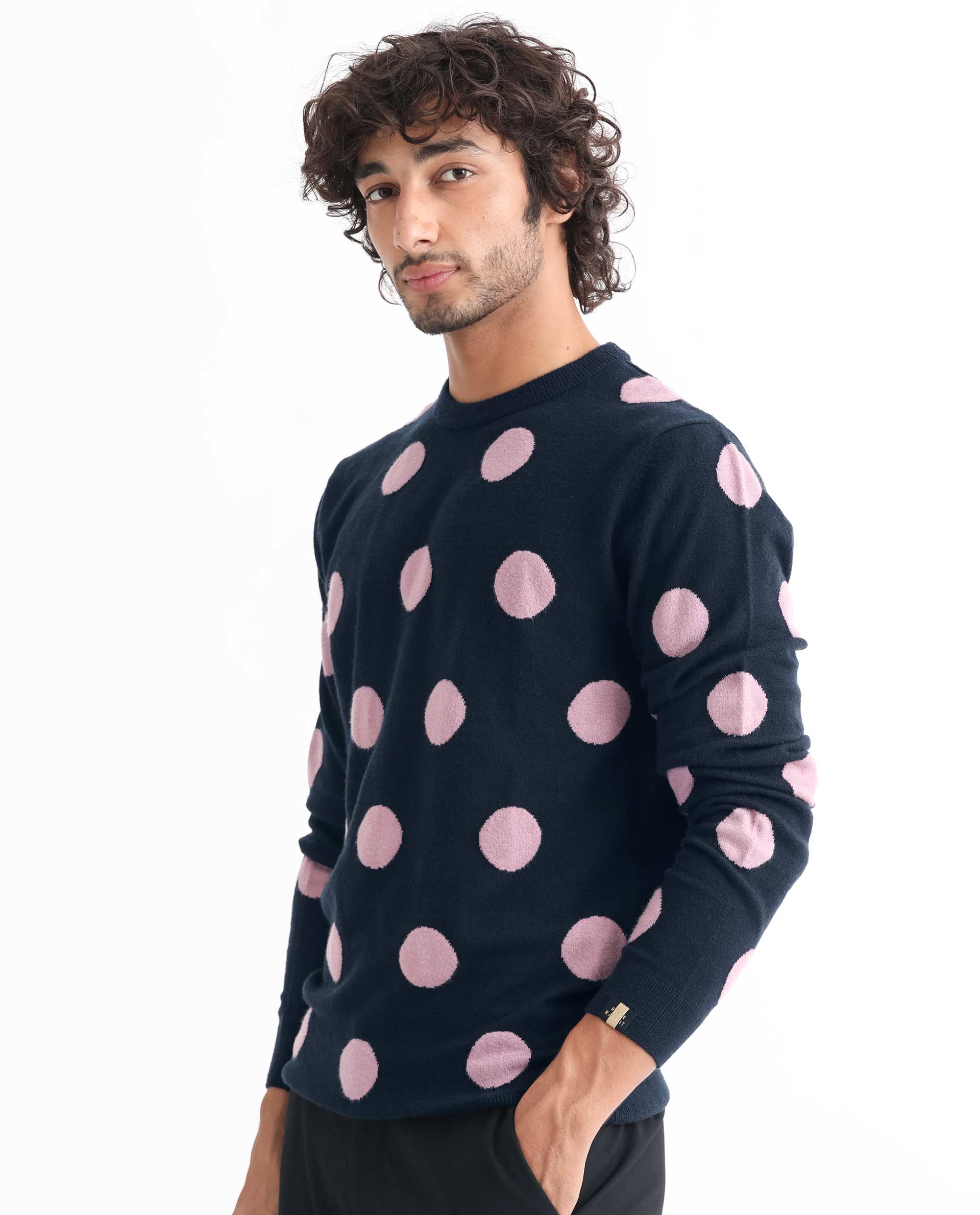 Rare Rabbit Men's Deremy Navy Viscose Polka Print Relaxed Fit Full Sleeve Crew Neck Sweater - Image 7
