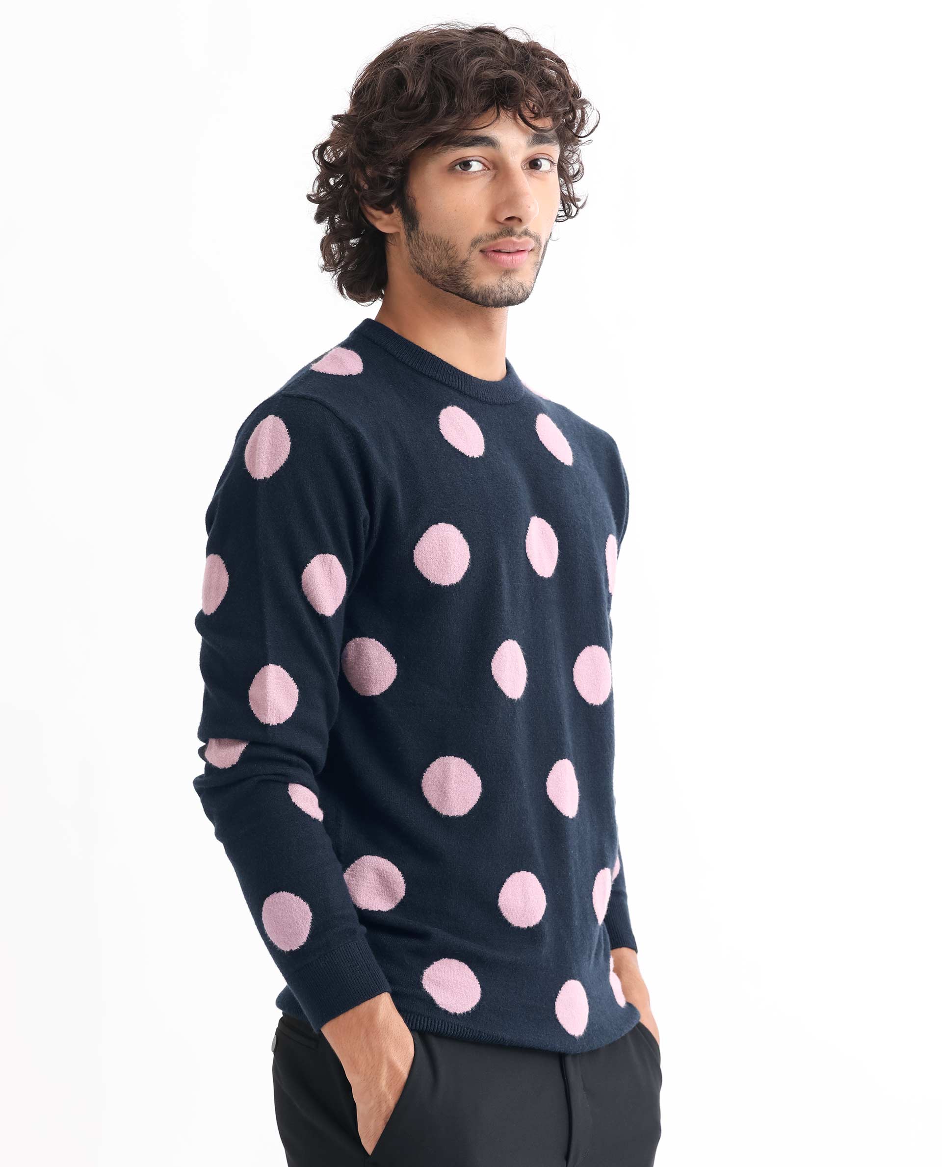 Rare Rabbit Men's Deremy Navy Viscose Polka Print Relaxed Fit Full Sleeve Crew Neck Sweater - Image 8