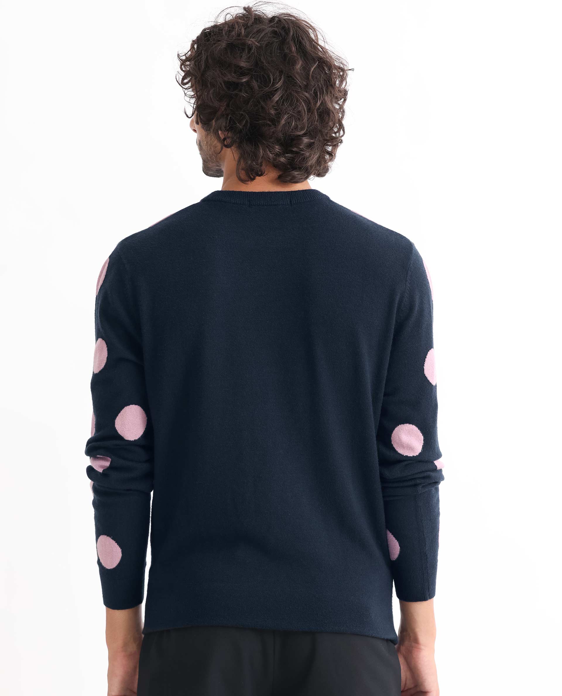Rare Rabbit Men's Deremy Navy Viscose Polka Print Relaxed Fit Full Sleeve Crew Neck Sweater - Image 9
