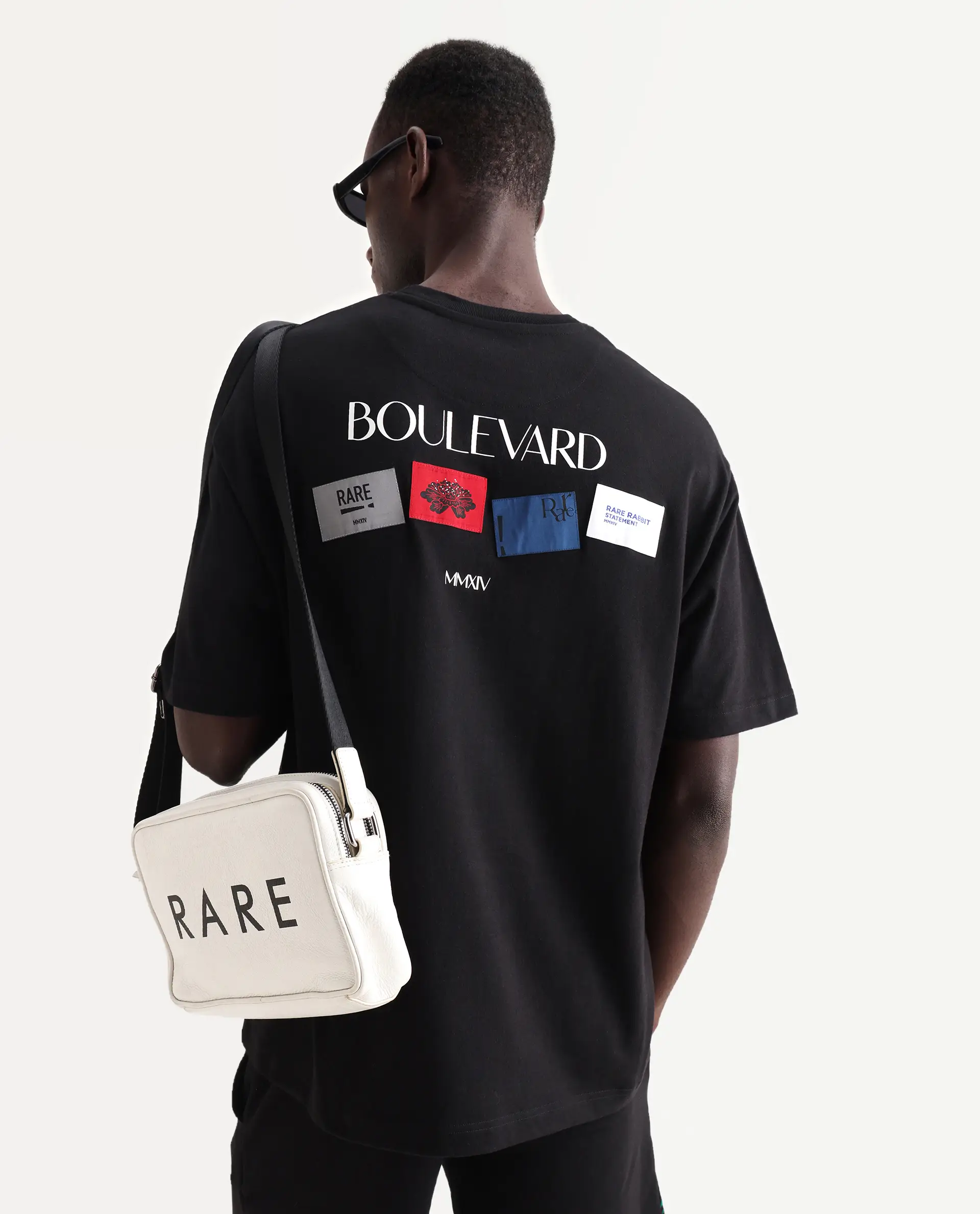 Rare Rabbit Men's Derion Black Cotton Label Print Boxy Fit Half Sleeve Crew Neck T-Shirt