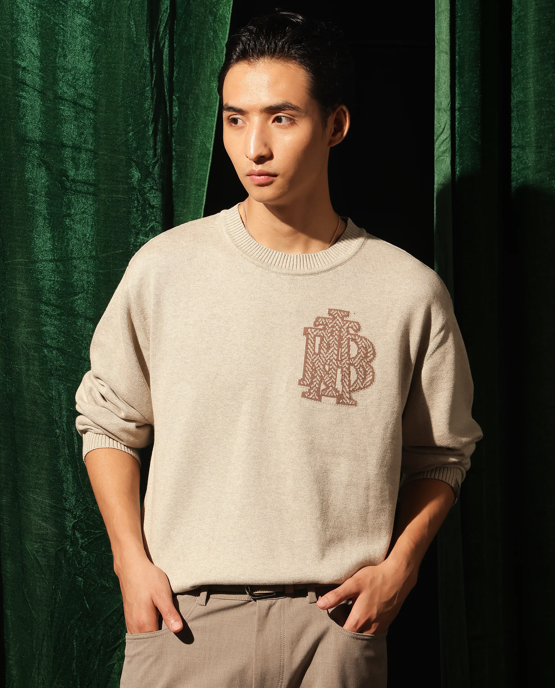 Rare Rabbit Men's Destin Beige Cotton Jacquard Regular Fit Full Sleeve Crew Neck Sweater - Image 2