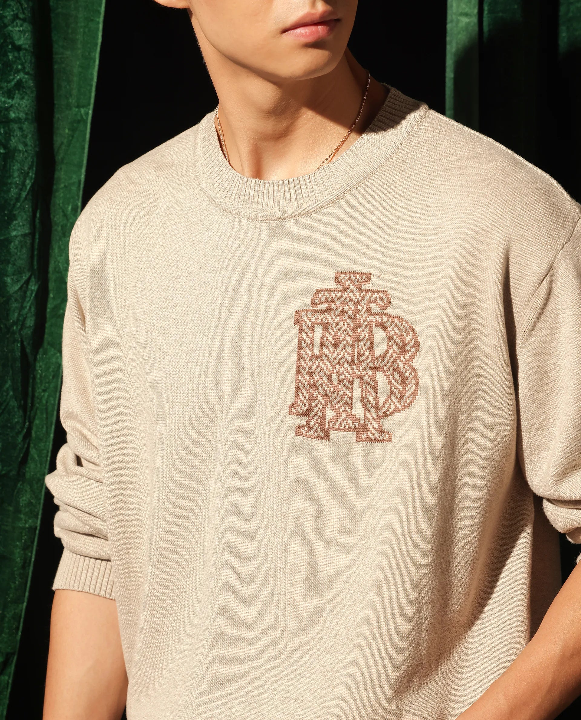 Rare Rabbit Men's Destin Beige Cotton Jacquard Regular Fit Full Sleeve Crew Neck Sweater - Image 3